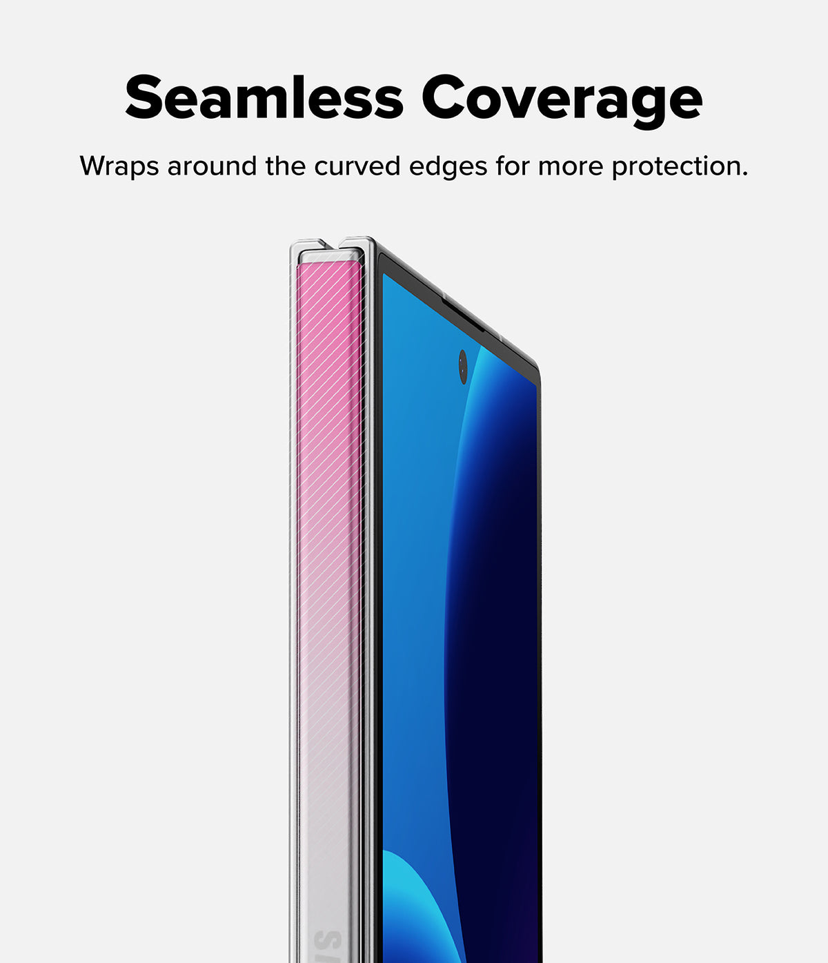 Galaxy Z Fold 8 Ultra Hinge Protector | Hinge Dual Easy Film (2 Pack) - A smartphone shown at an angle with a pink textured protective bumper around the left edge, under the text 'Seamless Coverage' and 'Wraps around the curved edges for more protection.' on a light gray background.