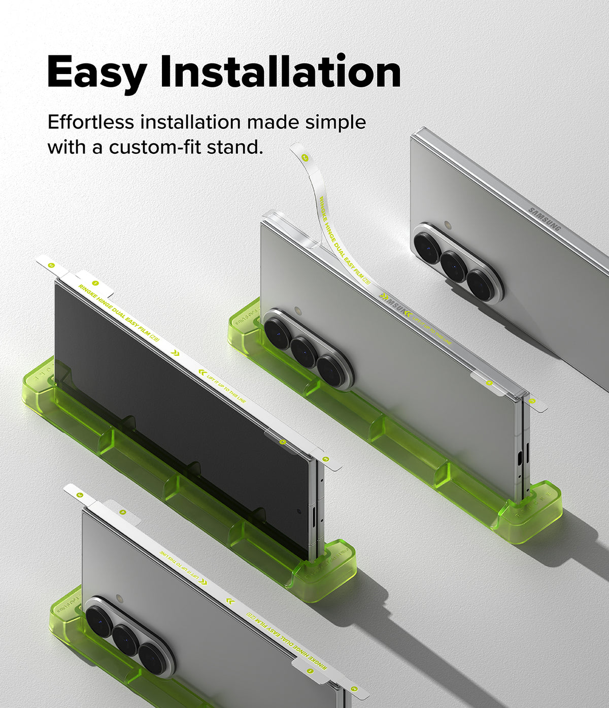 Galaxy Z Fold 8 Ultra Hinge Protector | Hinge Dual Easy Film (2 Pack) - A promotional graphic showing several smartphones mounted on translucent green custom-fit phone stands, with the headline 'Easy Installation' and supporting text on a clean light background.