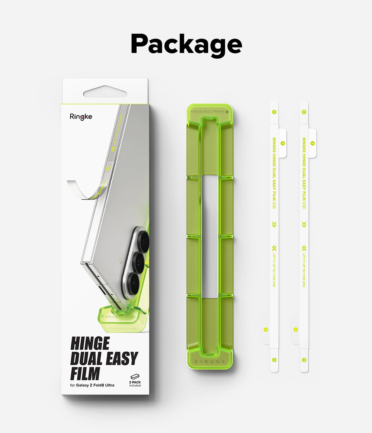Galaxy Z Fold 8 Ultra Hinge Protector | Hinge Dual Easy Film (2 Pack) - Ringke Hinge Dual Easy Film packaging and components on a light gray background, featuring a white retail box with a phone illustration, a translucent lime-green hinged film sleeve, and two white adhesive strips with green dots and text.