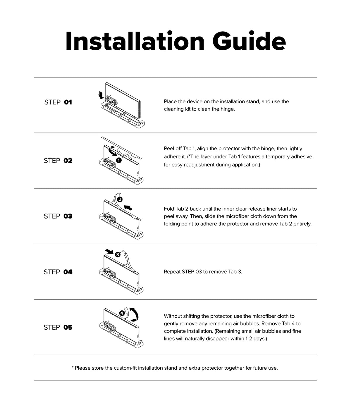 Galaxy Z Fold 8 Ultra Hinge Protector | Hinge Dual Easy Film (2 Pack) - An installation guide sheet with five numbered steps in black text and small line drawings showing how to place and attach a custom device to a stand and protector, on a white background.