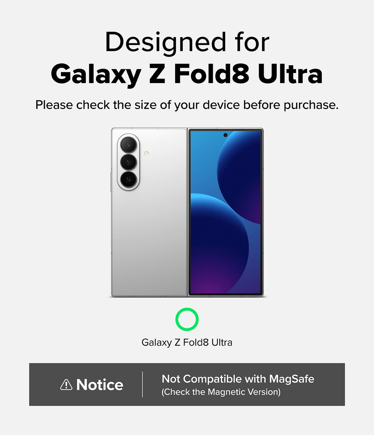 Galaxy Z Fold 8 Ultra Case | Onyx Flap - Compatibility graphic for a smartphone listing, stating the product is designed for Galaxy Z Fold8 Ultra. The image shows front and back views of a silver foldable phone, with text reminding buyers to check device size and a notice that it is not compatible with MagSafe.