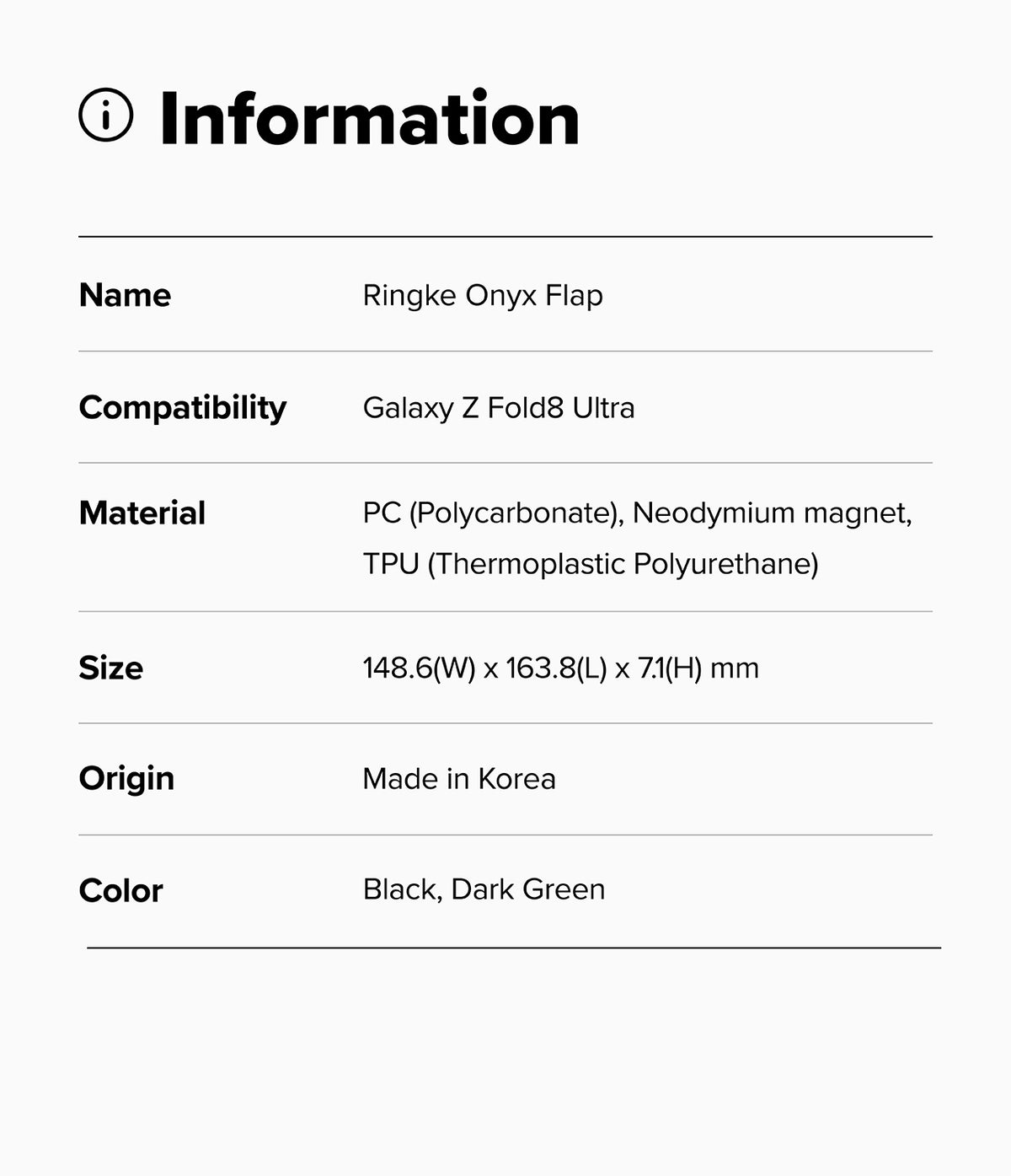 Galaxy Z Fold 8 Ultra Case | Onyx Flap - An information card with a light gray background and black text listing product details for a Ringke Onyx Flap compatible with Galaxy Z Fold Ultra. The card includes the product name, compatibility, materials, dimensions, origin, and color description.