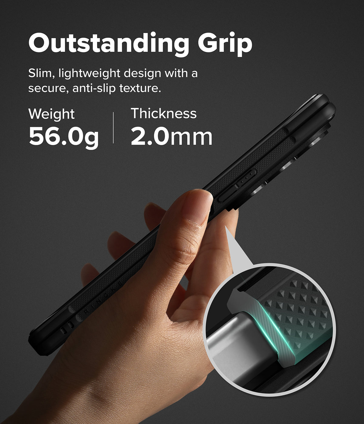 Galaxy Z Fold 8 Ultra Case | Onyx Flap - A hand holds a slim black protective phone case against a dark gray background, with marketing text reading 'Outstanding Grip' and 'Weight 56.0g | Thickness 2.