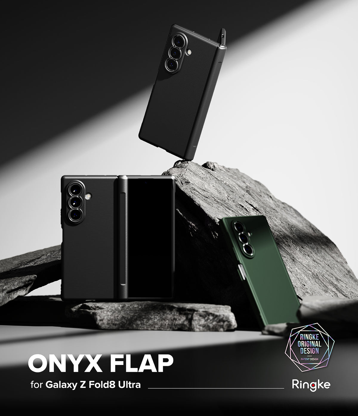 Galaxy Z Fold 8 Ultra Case | Onyx Flap - Three black phone cases shown with Samsung Galaxy Z Fold8 Ultra foldable phones in a styled studio setup with rocks and dramatic lighting. Text at the bottom reads 'ONYX FLAP for Galaxy Z Fold8 Ultra' with the Ringke logo and 'Pinake Original Design' mark.