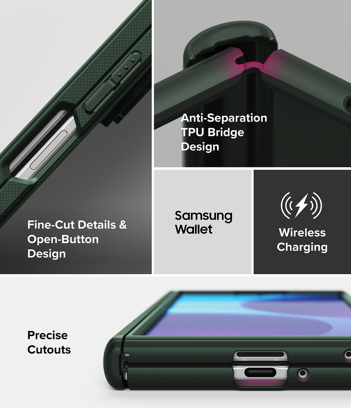 Galaxy Z Fold 8 Ultra Case | Onyx Flap - A dark green rugged phone case shown in a multi-panel feature graphic. The collage highlights the side button design, anti-separation TPU bridge, fine-cut details, precise cutouts, Samsung wallet compatibility, and wireless charging support.