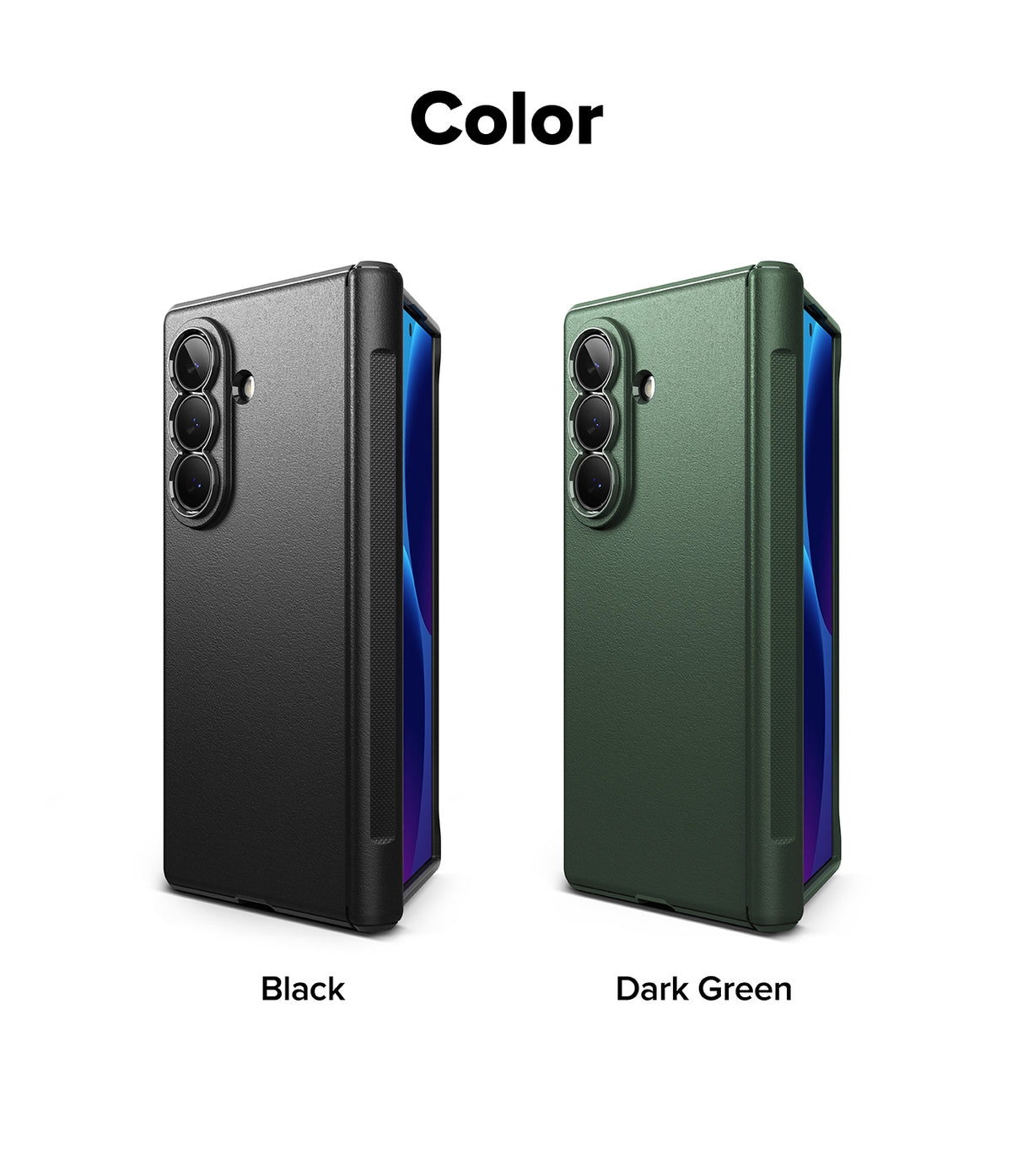 Galaxy Z Fold 8 Ultra Case | Onyx Flap - A color comparison graphic showing two foldable phone cases side by side on a white background, labeled 'Color' at the top and 'Black' and 'Dark Green' below. The left case is matte black, and the right case is dark green, both with blue-purple side accents visible.