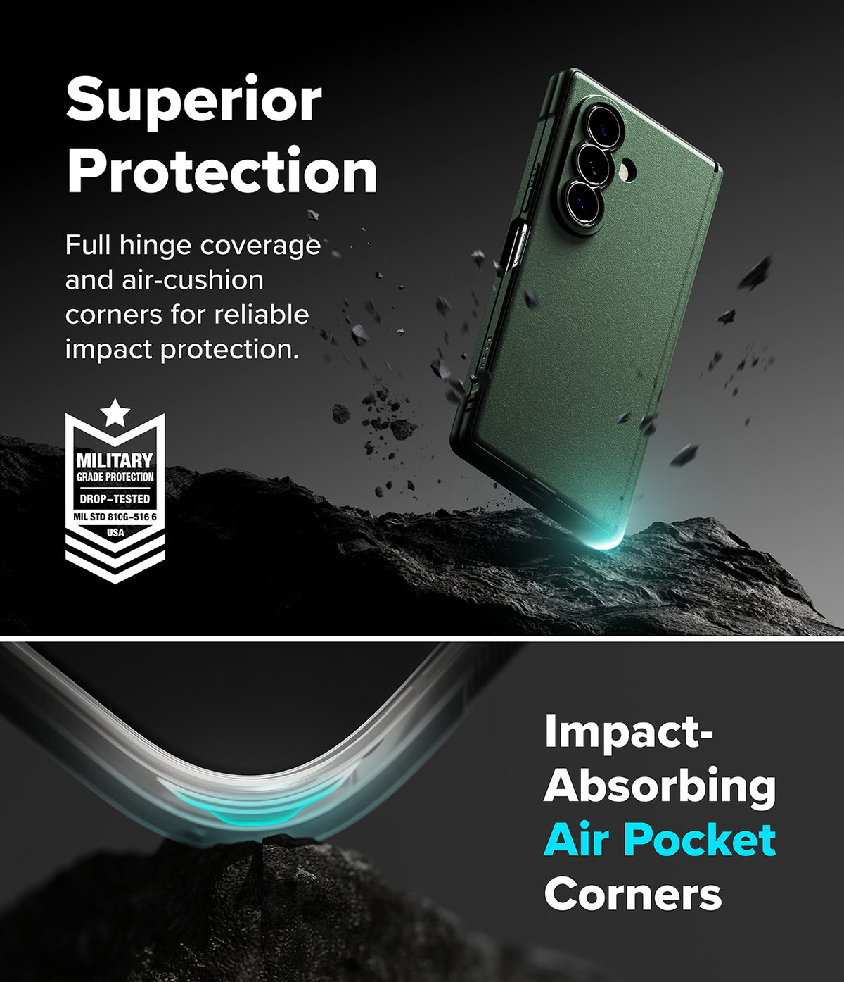 Galaxy Z Fold 8 Ultra Case | Onyx Flap - A promotional graphic for a smartphone case showing a green phone inside a clear protective case floating above dark rocks. Text reads 'Superior Protection' and 'Impact-Absorbing Air Pocket Corners,' with a military-style badge on the left and a close-up of the curved transparent corner at the bottom.