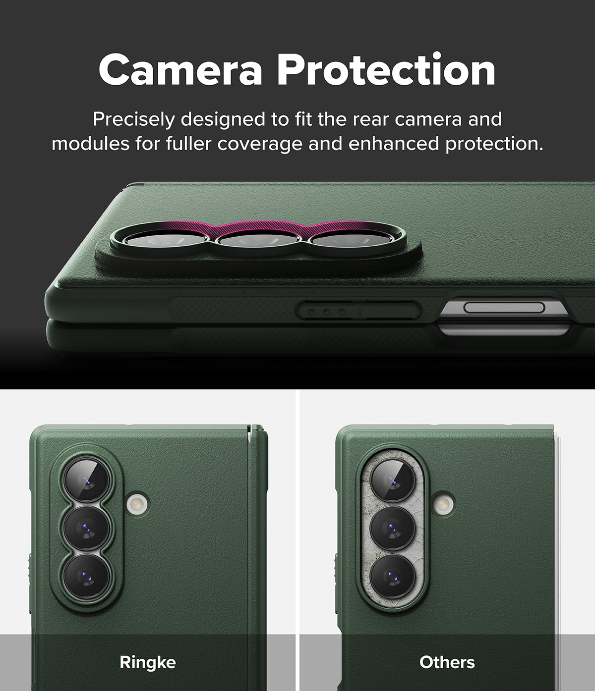 Galaxy Z Fold 8 Ultra Case | Onyx Flap - Dark green phone case with a raised camera ring protector, shown from the back with text reading 'Camera Protection' and comparison labels 'Ringke' and 'Others' on a split dark and light background.