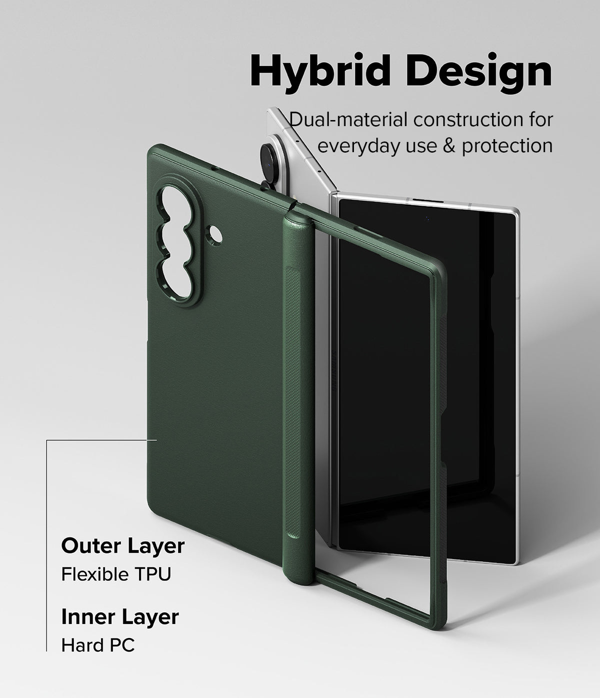 Galaxy Z Fold 8 Ultra Case | Onyx Flap - A dark green hybrid phone case shown on a smartphone, with text explaining its dual-material construction: an outer flexible TPU layer and an inner hard PC layer. The image is set against a clean light gray background.