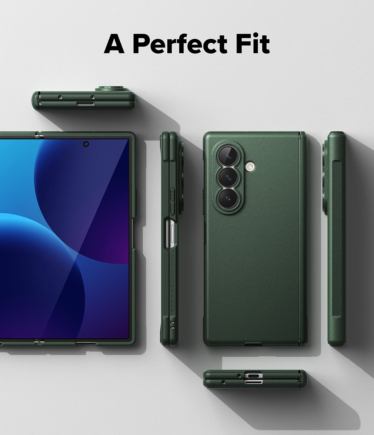 Galaxy Z Fold 8 Ultra Case | Onyx Flap - A dark green protective phone case shown from multiple angles on a light gray background, with the text 'A Perfect Fit' at the top. The case is displayed around a smartphone, showing the front screen area, back with camera cutouts, and side profiles.