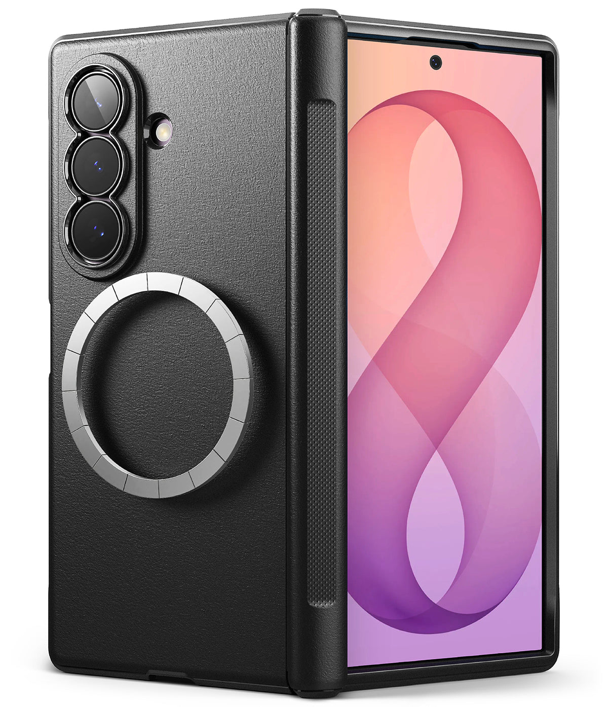 Galaxy Z Fold 8 Ultra Case | Onyx Flap Magnetic (BK) - A black textured phone case with a circular magnetic ring on the back, shown alongside a smartphone displaying a pink and purple wallpaper. The case is photographed on a clean white background.