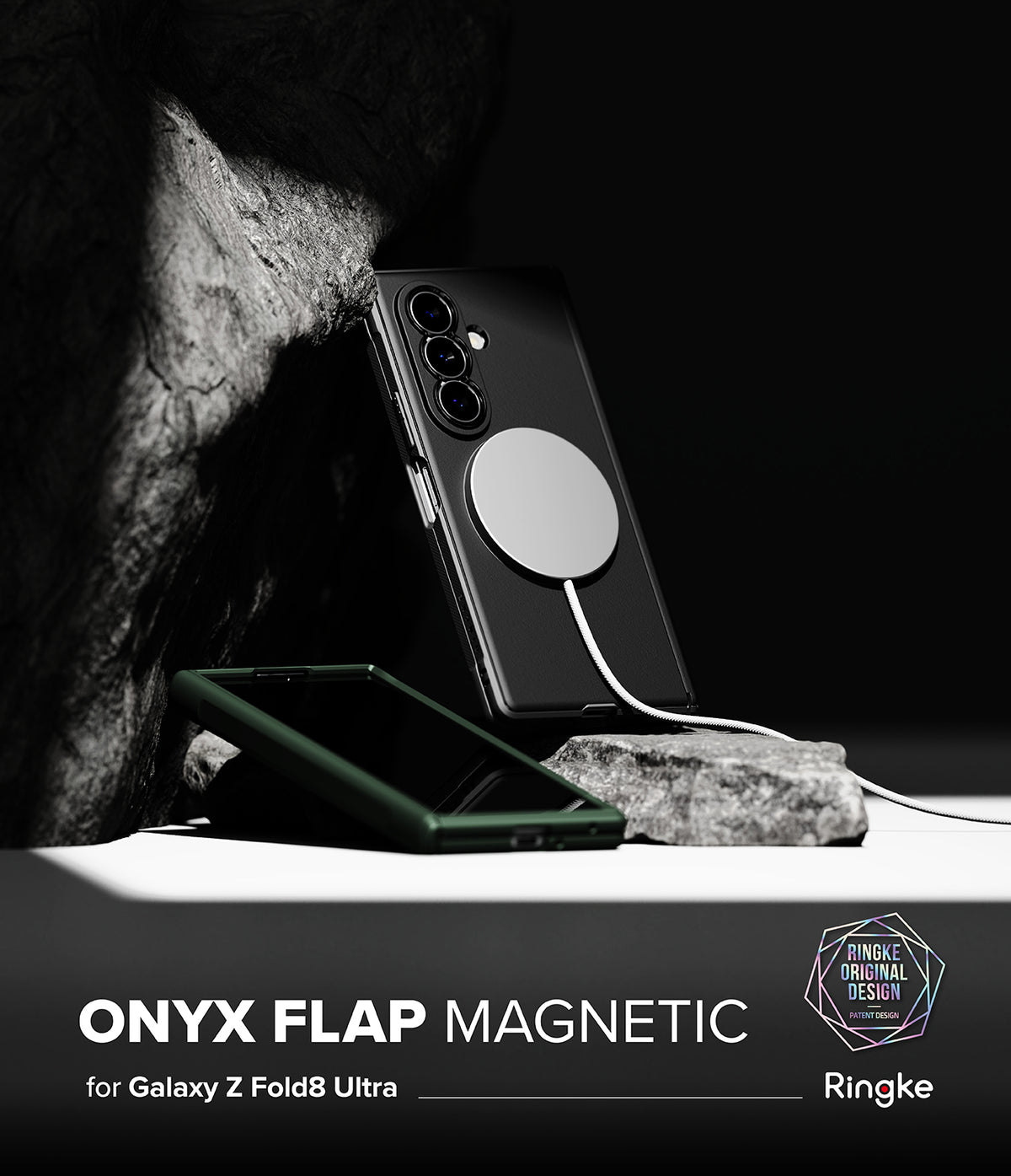 Galaxy Z Fold 8 Ultra Case | Onyx Flap Magnetic - A black smartphone case with a circular magnetic flap is shown leaning against a dark rock on a white surface, with a phone inside and a charging cable attached. Text at the bottom reads 'ONYX FLAP MAGNETIC for Galaxy Z Fold8 Ultra' with Ringke branding.