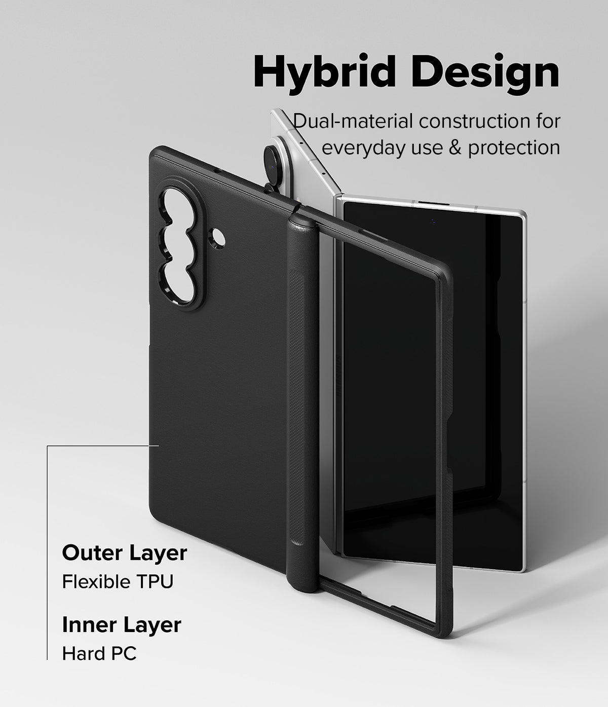 Galaxy Z Fold 8 Ultra Case | Onyx Flap Magnetic - A black protective case for a folding smartphone shown in an exploded view to demonstrate its hybrid design. The image features text overlays explaining the 'Outer Layer Flexible TPU' and 'Inner Layer Hard PC' along with 'Hybrid Design' and 'Dual-material construction for everyday use & protection'.