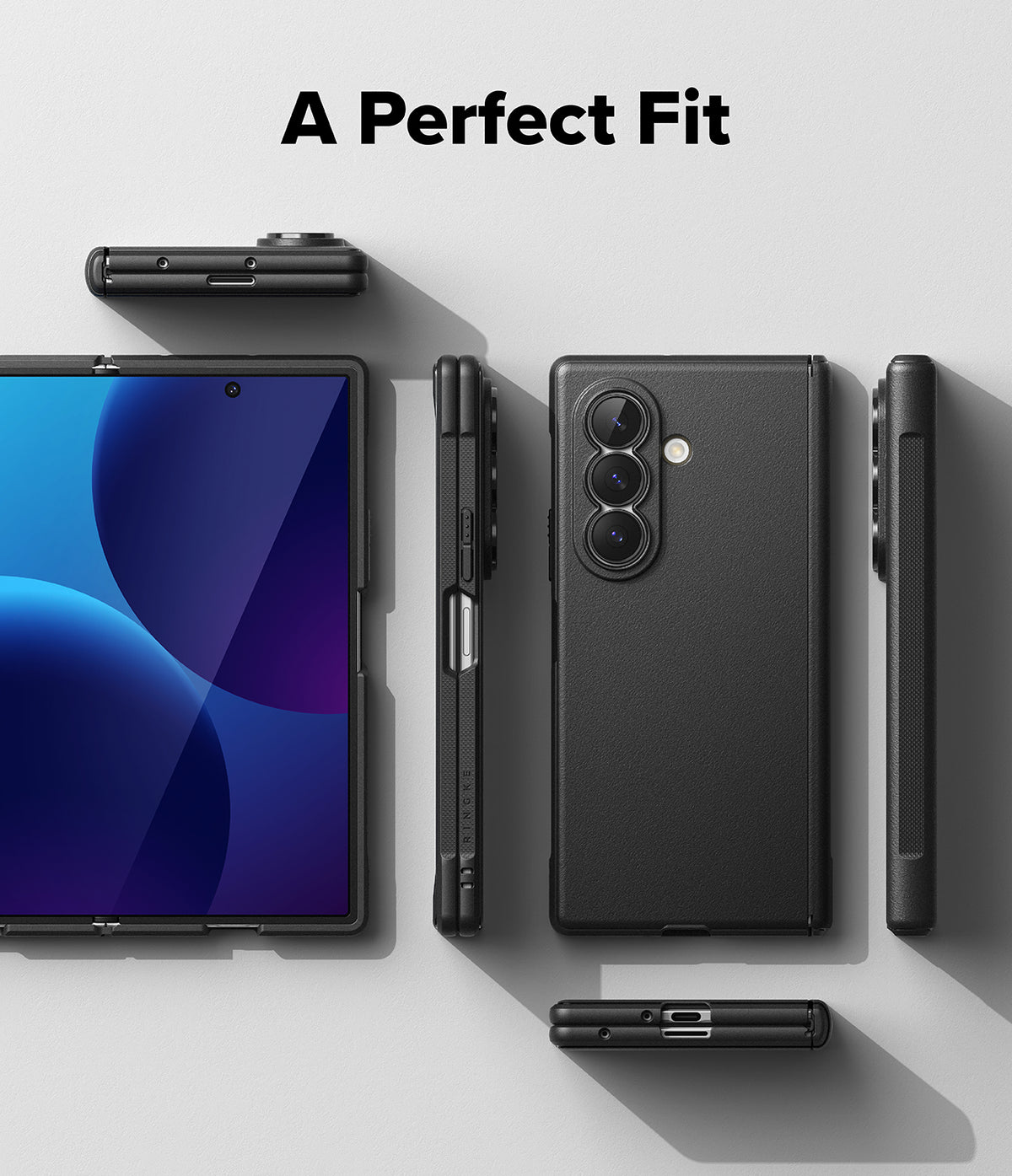 Galaxy Z Fold 8 Ultra Case | Onyx Flap Magnetic - A black protective case shown from multiple angles with a smartphone inside, on a light gray background with the text 'A Perfect Fit' at the top.