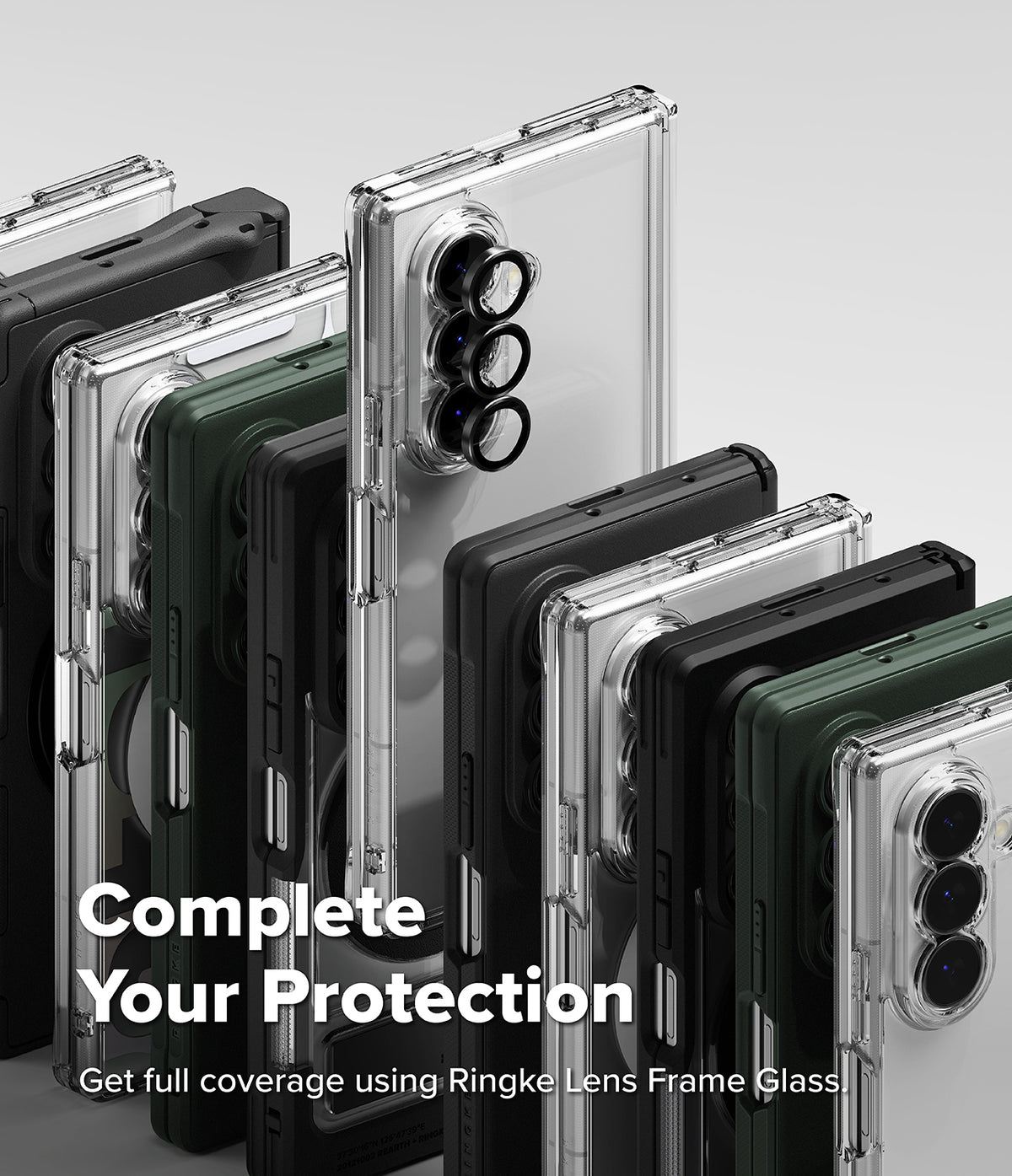 Galaxy Z Fold 8 Ultra Case | Onyx Flap Magnetic - A promotional product render showing multiple smartphone cases arranged in a fan-like layout on a light gray background. The cases are transparent, black, and dark green, with one clear case prominently centered.