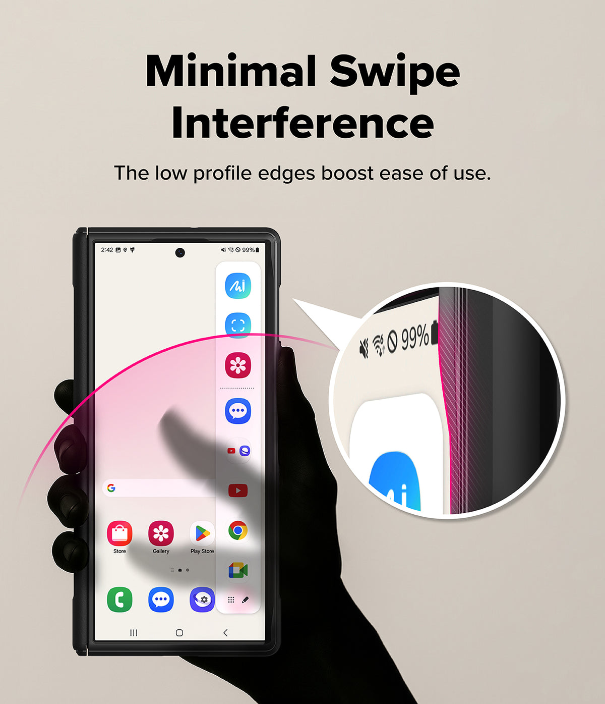 Galaxy Z Fold 8 Ultra Case | Onyx Flap Magnetic - A hand holds a smartphone to demonstrate a low-profile edge design, with text reading 'Minimal Swipe Interference' and a circular inset showing the slim edge of the phone.