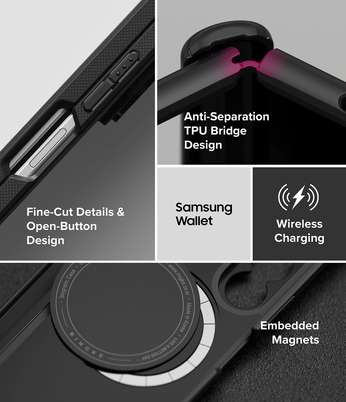 Galaxy Z Fold 8 Ultra Case | Onyx Flap Magnetic - A black Samsung Galaxy Z Fold 8 Ultra protective case shown in a multi-panel feature graphic. The panels highlight the anti-separation TPU bridge design, fine-cut details and open-button design, a built-in magnetic wallet, wireless charging compatibility, and embedded magnets.