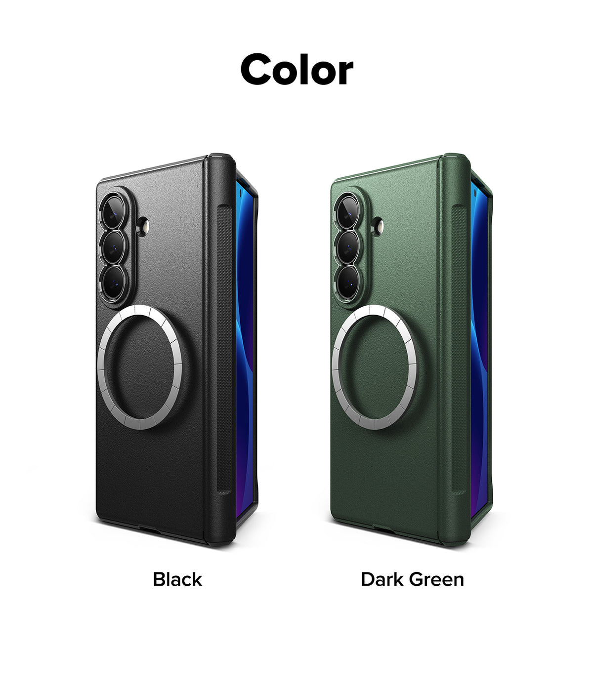 Galaxy Z Fold 8 Ultra Case | Onyx Flap Magnetic - Color options for a phone case shown on a white background, labeled 'Color' at the top. Two folded phone cases are displayed side by side: one in matte black and one in dark green, both with a circular magnetic ring on the back.