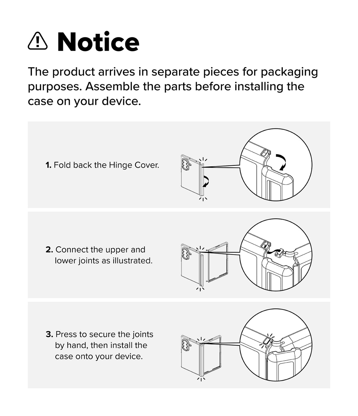 Galaxy Z Fold 8 Ultra Case | Onyx Flap Magnetic - Instruction notice sheet showing three steps for assembling a product case: fold back the hinge cover, connect the upper and lower joints, and press to secure the joints before installing the case on a device.