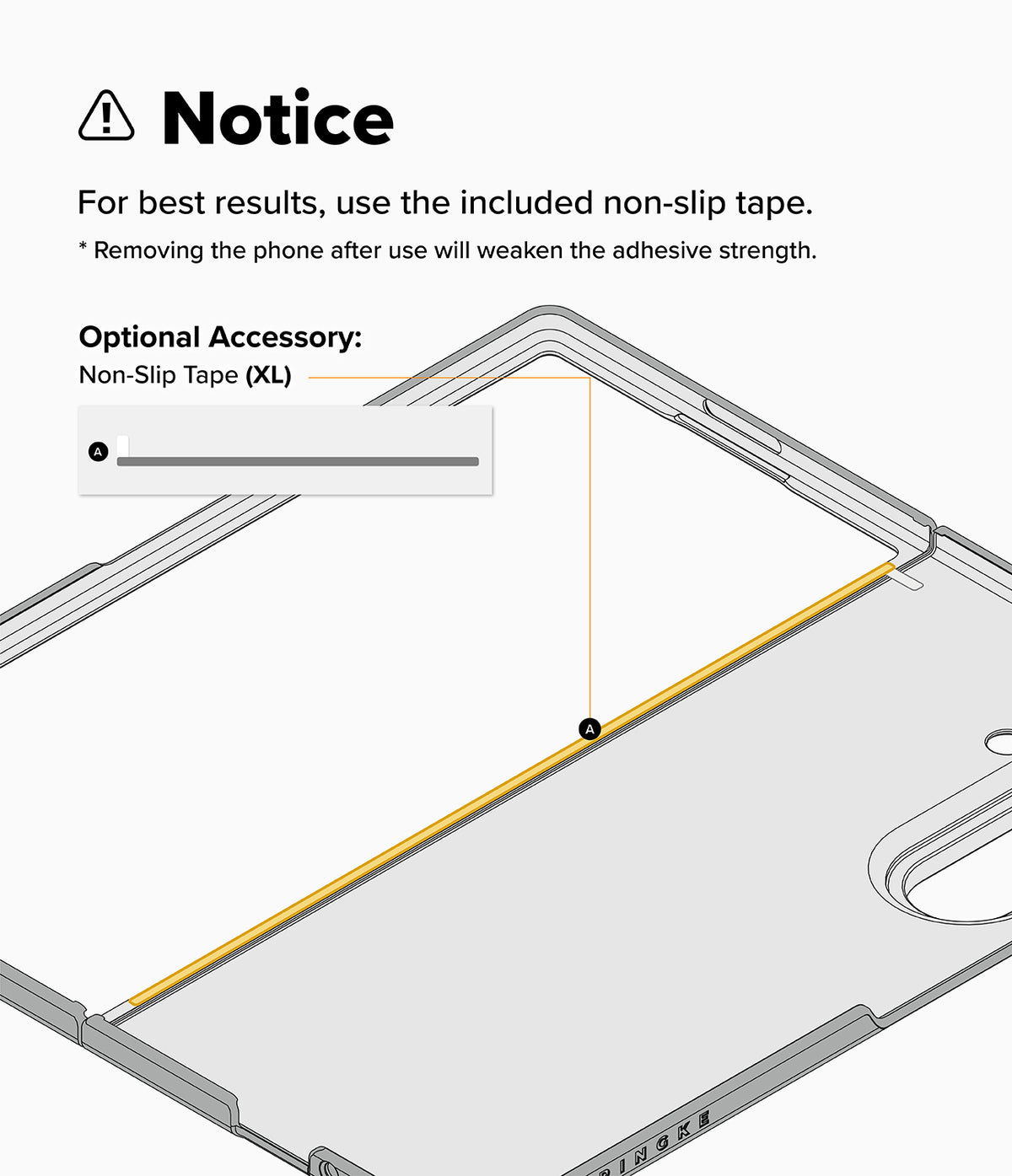 Galaxy Z Fold 8 Ultra Case | Onyx Flap Magnetic - Instruction graphic showing a phone case with a highlighted non-slip tape strip and text noting that the included non-slip tape should be used for best results, plus an inset showing the optional non-slip tape size.