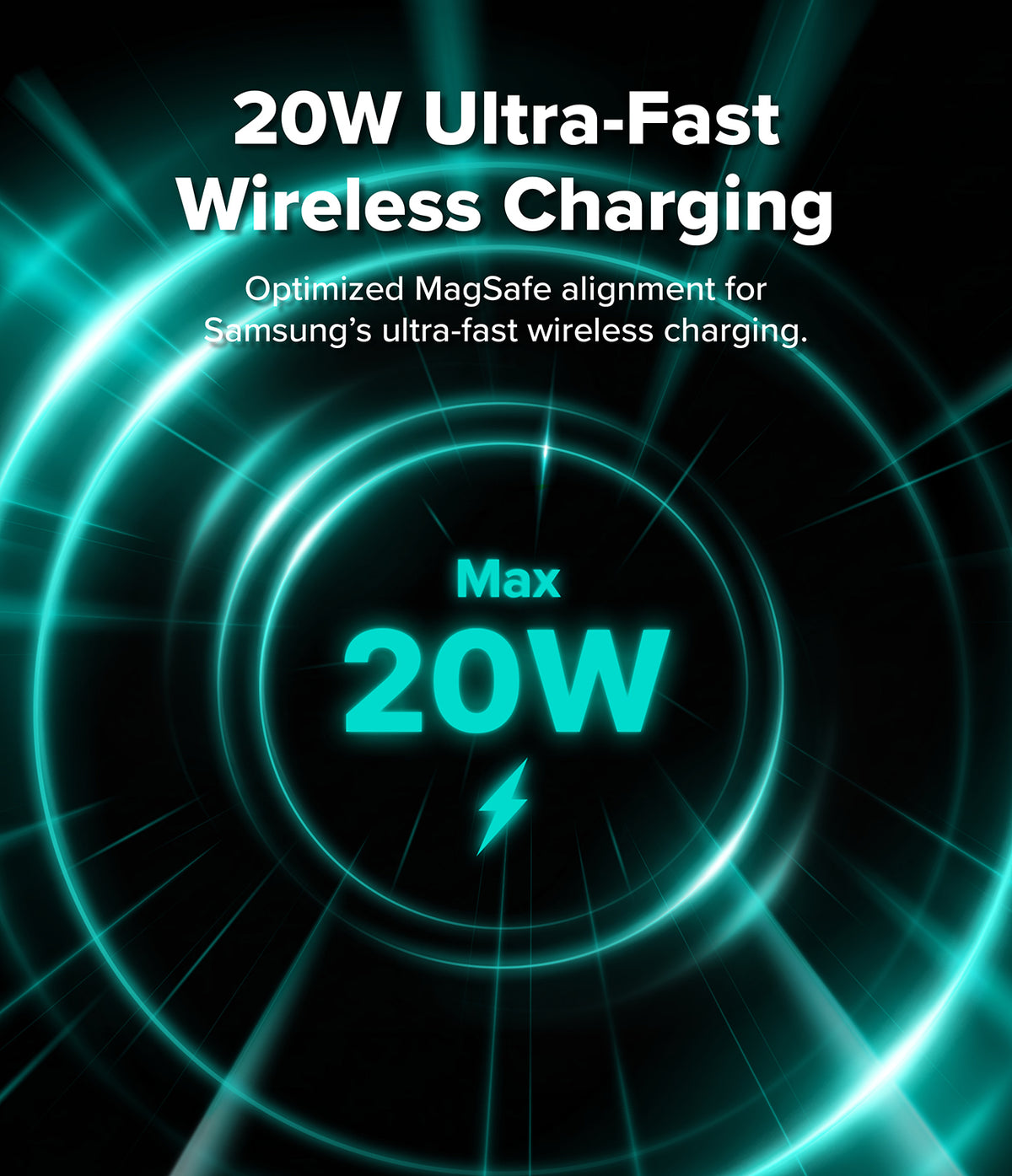Galaxy Z Fold 8 Ultra Case | Onyx Flap Magnetic - Promotional graphic for 20W ultra-fast wireless charging, with glowing teal circular rings and text reading '20W Ultra-Fast Wireless Charging' and 'Max 20W' on a black background.