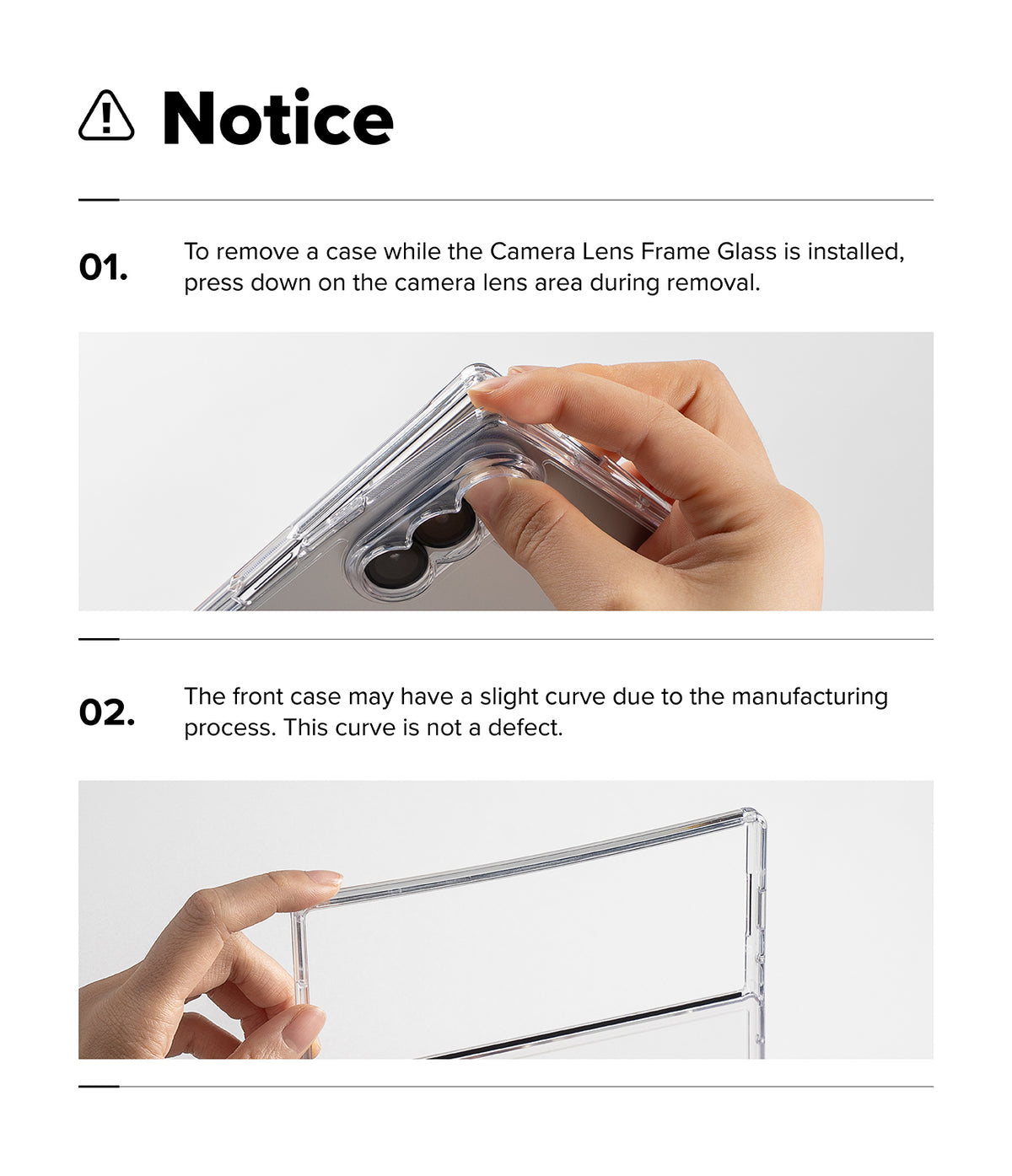 Galaxy Z Fold 8 Ultra Case | Onyx Flap Magnetic - Instruction notice sheet showing two steps for handling a clear phone case with camera lens glass. Step 01 shows a hand pressing down on the camera lens area to remove the case.