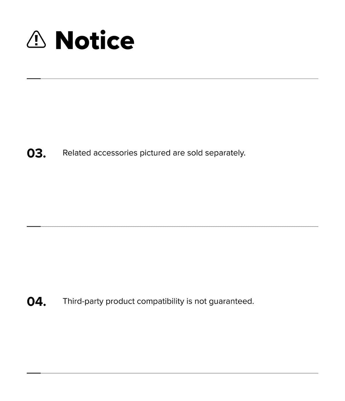 Galaxy Z Fold 8 Ultra Case | Onyx Flap Magnetic - A black and white notice page with a warning icon and numbered points 03 and 04 stating that related accessories are sold separately and third-party product compatibility is not guaranteed.