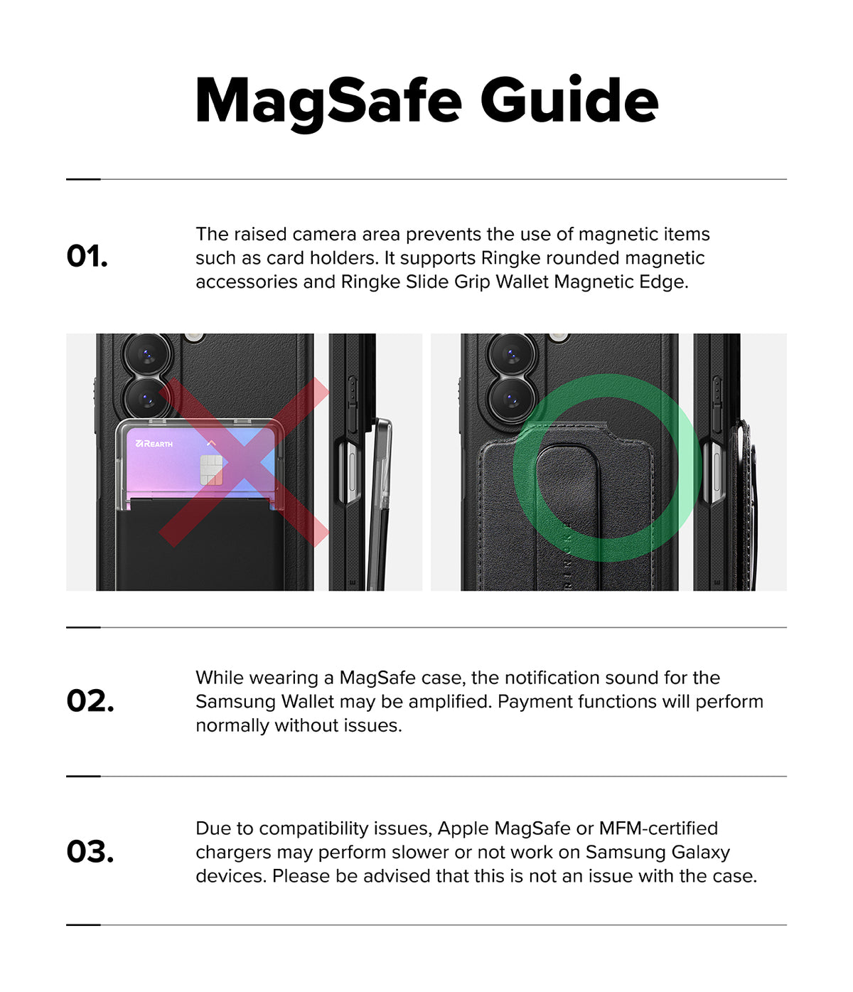 Galaxy Z Fold 8 Ultra Case | Onyx Flap Magnetic - A product information graphic titled 'MagSafe Guide' with three numbered text points and small inset photos demonstrating magnetic compatibility on a black phone case.