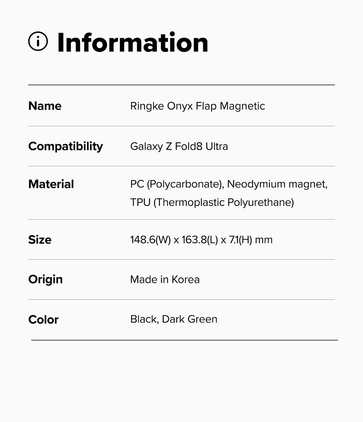 Galaxy Z Fold 8 Ultra Case | Onyx Flap Magnetic - An information card with a light gray background and black text listing product details for a Ringke Onyx Flap Magnetic compatible with Galaxy Z Fold Ultra.