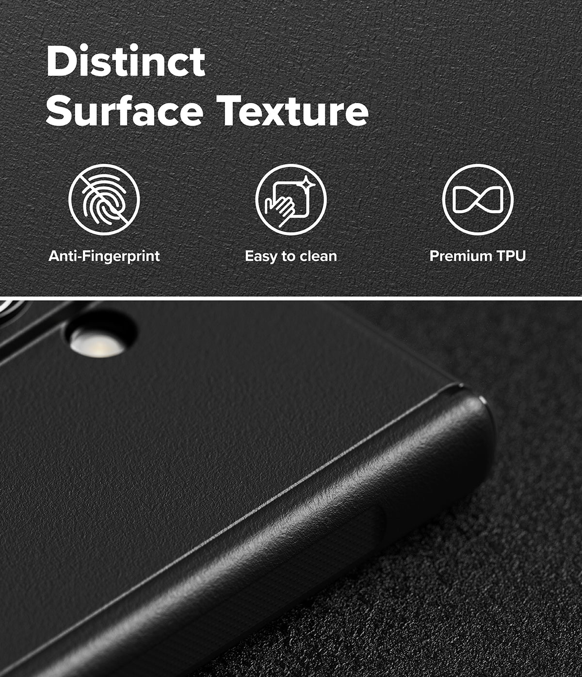 Galaxy Z Fold 8 Ultra Case | Onyx Flap Magnetic - Close-up of a black textured phone case with a camera cutout, shown below the text 'Distinct Surface Texture' and feature icons for anti-fingerprint, easy to clean, and premium TPU.