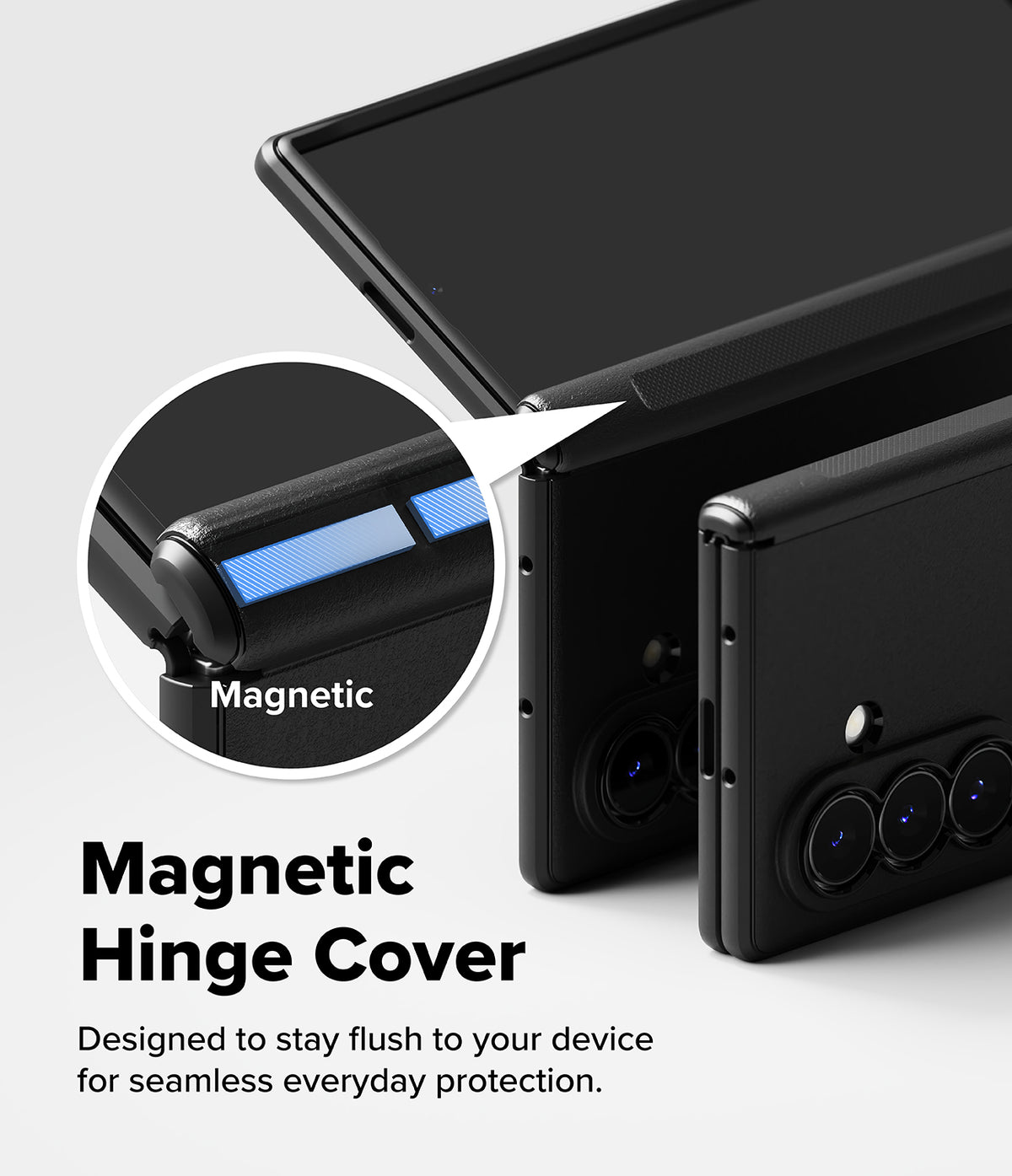Galaxy Z Fold 8 Ultra Case | Onyx Flap Magnetic - Black magnetic hinge cover case shown on a smartphone, with a circular inset highlighting the magnetic strip and the text 'Magnetic Hinge Cover' on a light gray background.