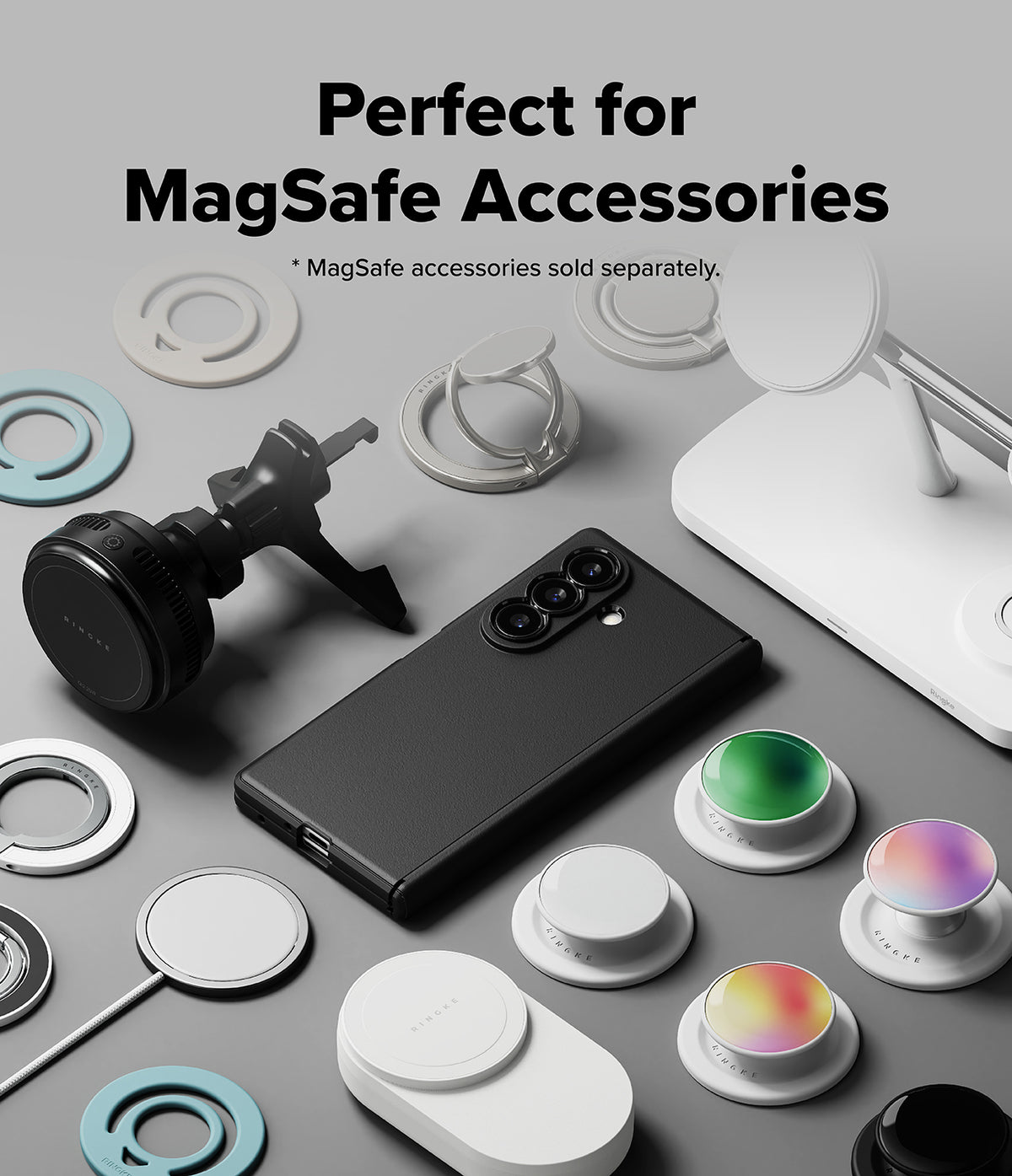 Galaxy Z Fold 8 Ultra Case | Onyx Flap Magnetic - A black smartphone case with a MagSafe ring, shown with a phone on a gray background surrounded by various MagSafe accessories including white stands, colorful rings, and mounting pieces. Text at the top reads 'Perfect for MagSafe Accessories'.