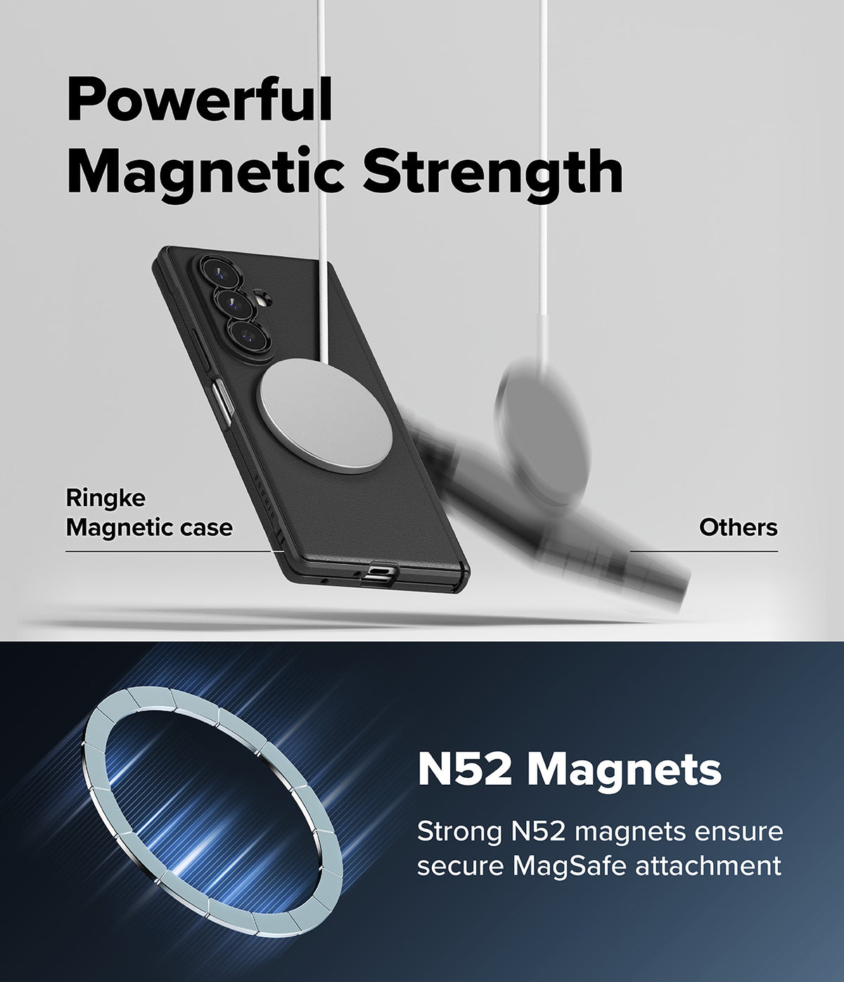 Galaxy Z Fold 8 Ultra Case | Onyx Flap Magnetic - Promotional graphic for a black magnetic phone case with a large circular MagSafe ring. The top half shows the case floating with a blurred magnetic disc approaching it under the text 'Powerful Magnetic Strength' and labels 'Ringke Magnetic case' and 'Others'.