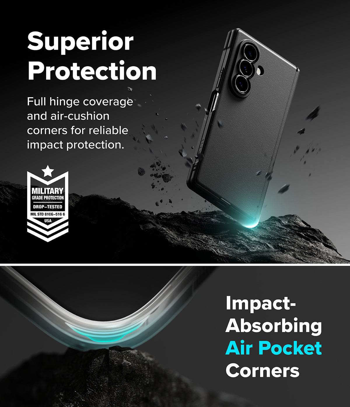 Galaxy Z Fold 8 Ultra Case | Onyx Flap Magnetic - Promotional graphic for a smartphone case showing a black phone floating above dark rocks with text reading 'Superior Protection' and 'Impact-Absorbing Air Pocket Corners.' A military-style badge appears on the left, and a close-up of the curved case edge with glowing teal accent is shown at the bottom.