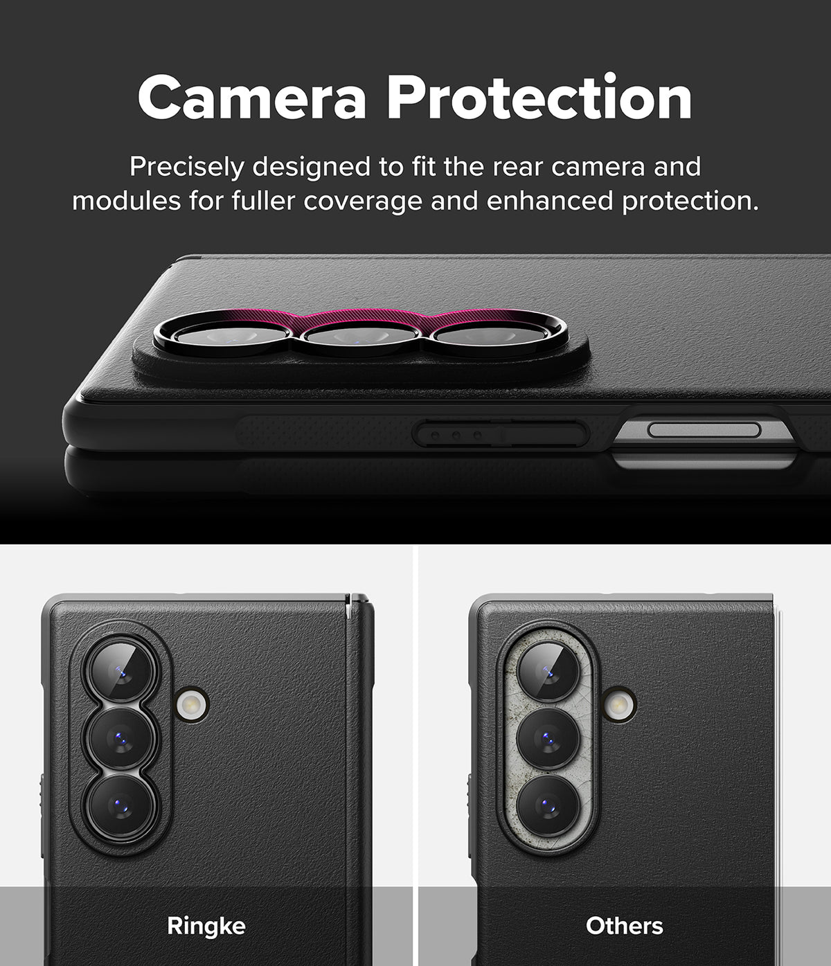 Galaxy Z Fold 8 Ultra Case | Onyx Flap Magnetic - A black phone camera protection case shown fitted over a smartphone camera module, with text reading 'Camera Protection' and two smaller comparison views below labeled 'Ringke' and 'Others'.