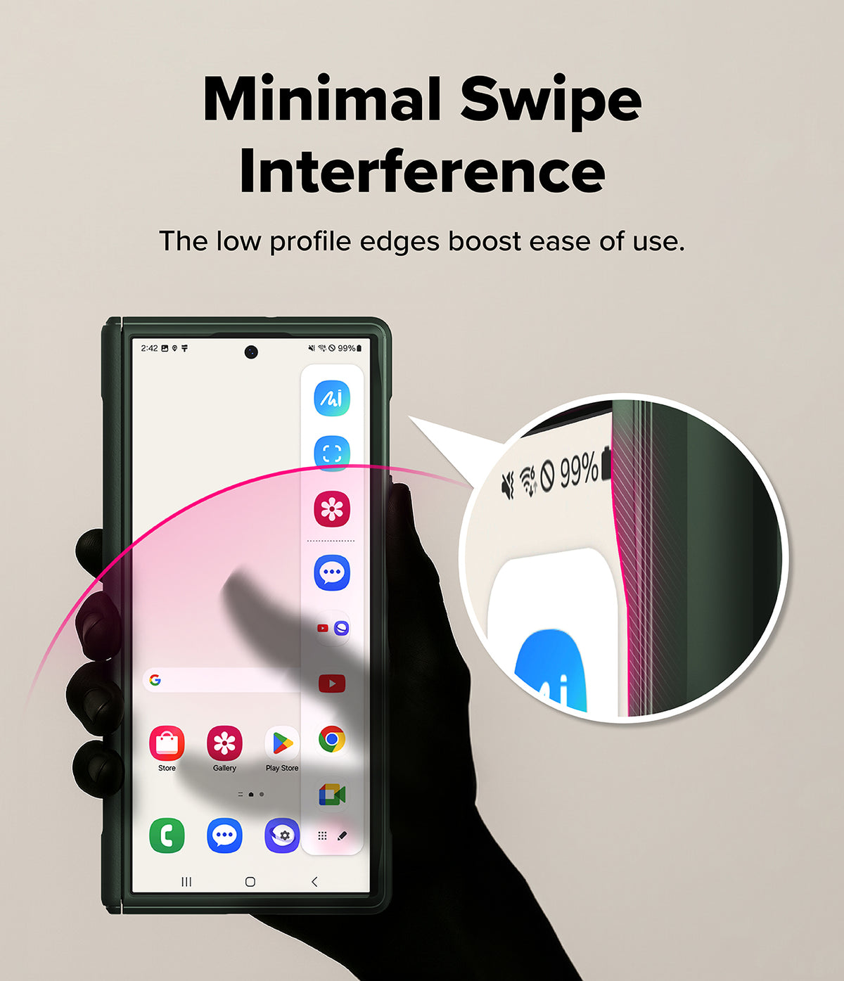 Galaxy Z Fold 8 Ultra Case | Onyx Flap Magnetic - A hand holds a smartphone to demonstrate a low-profile edge design, with text reading 'Minimal Swipe Interference' and a circular inset showing the slim edge of the phone.