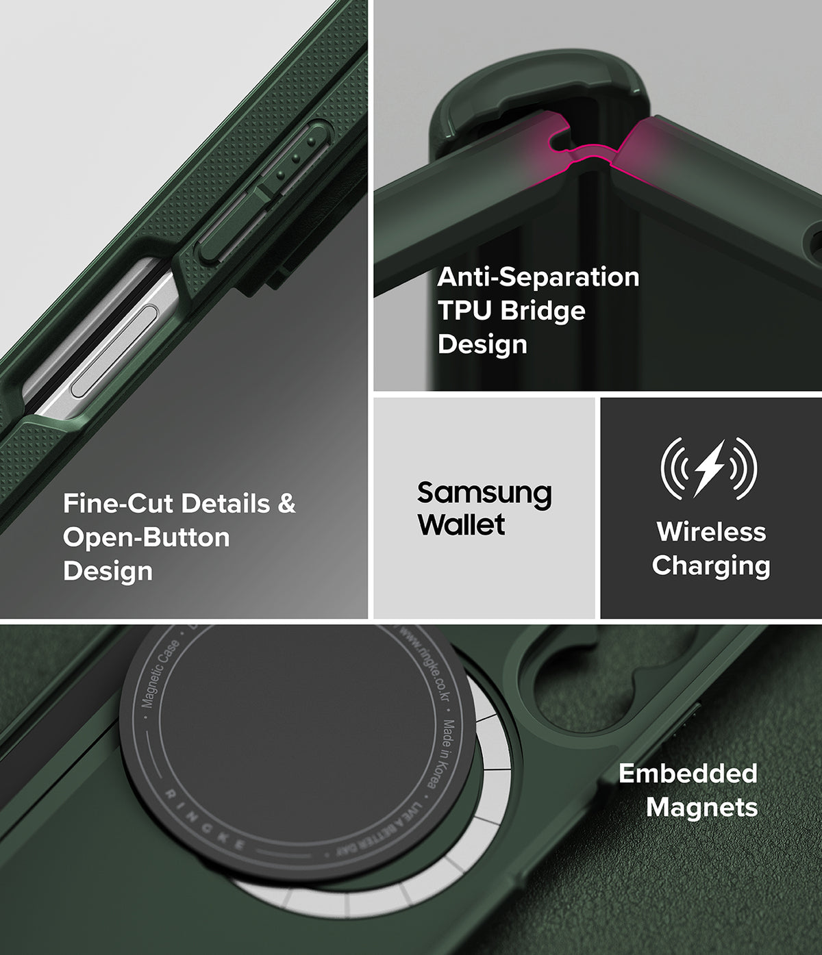 Galaxy Z Fold 8 Ultra Case | Onyx Flap Magnetic - A dark green Samsung Galaxy Z Fold8 Ultra protective case shown in a multi-panel feature graphic. The graphic highlights the anti-separation TPU bridge design, fine-cut details, open-button design, built-in magnets, and wireless charging compatibility with a Samsung wallet.