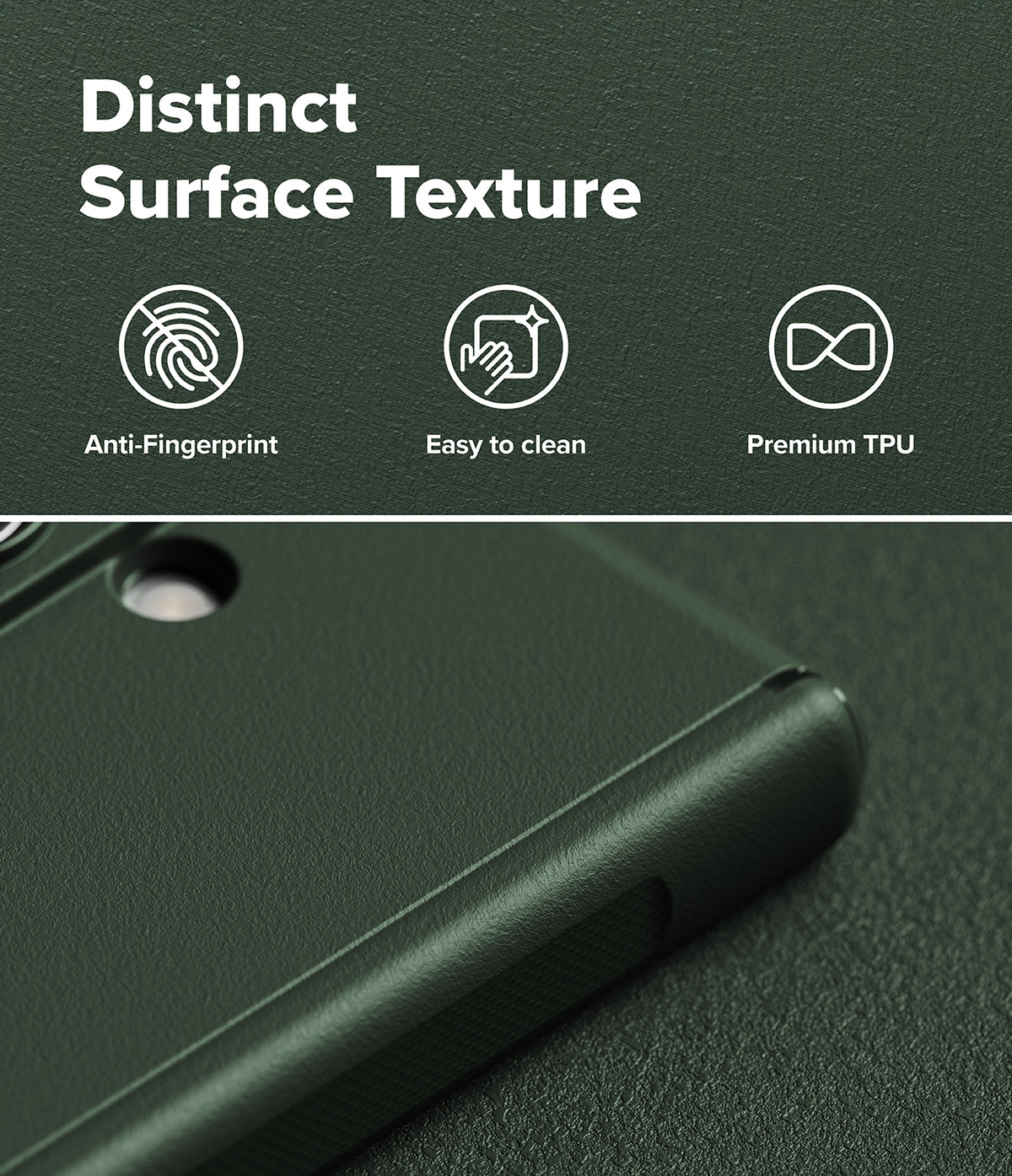 Galaxy Z Fold 8 Ultra Case | Onyx Flap Magnetic - Dark green phone case with a textured surface, featuring a close-up of the corner showing its matte finish and a camera cutout. The top portion includes marketing text reading 'Distinct Surface Texture' with icons for 'Anti-Fingerprint', 'Easy to clean', and 'Premium TPU'.