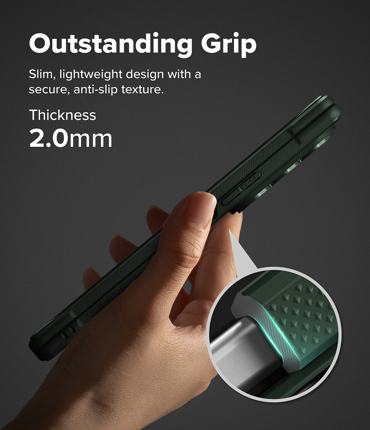 Galaxy Z Fold 8 Ultra Case | Onyx Flap Magnetic - A hand holds a dark green rugged phone case against a dark gray background, with text reading 'Outstanding Grip' and 'Thickness 2.0mm' plus a circular inset showing the textured grip detail.