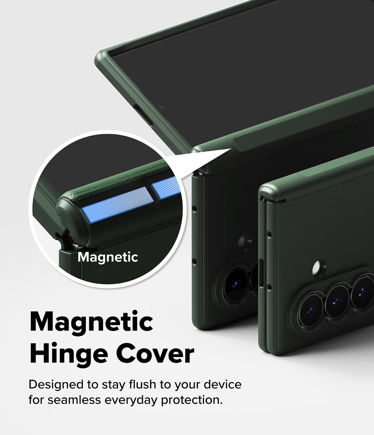 Galaxy Z Fold 8 Ultra Case | Onyx Flap Magnetic - Dark green magnetic hinge cover case shown on a smartphone, with a circular inset highlighting the magnetic feature and text reading 'Magnetic Hinge Cover' on a light gray background.