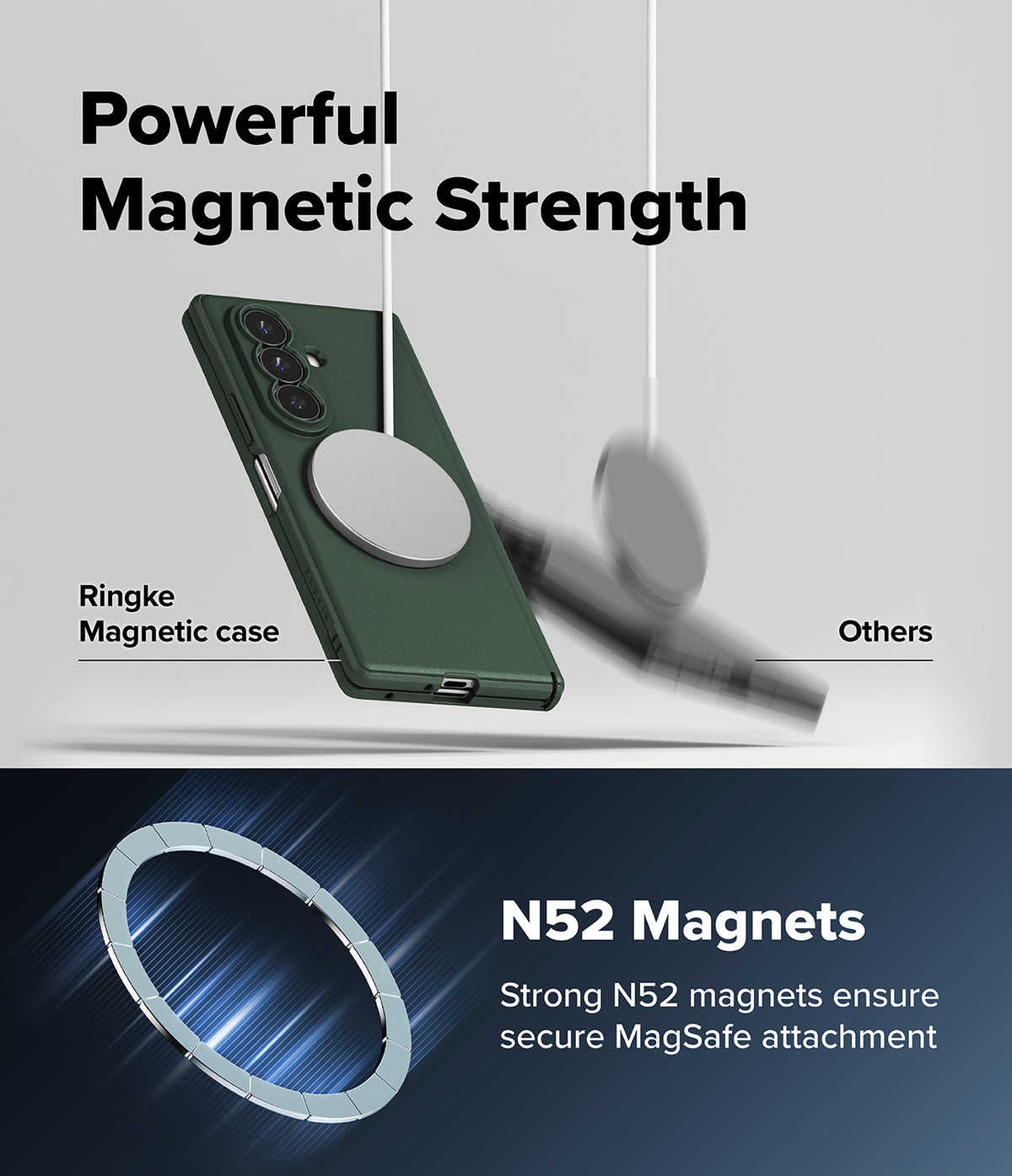 Galaxy Z Fold 8 Ultra Case | Onyx Flap Magnetic - Promotional graphic for a black magnetic phone case with a large circular MagSafe ring. The top half shows the case floating with a blurred magnetic disc approaching it under the text 'Powerful Magnetic Strength' and labels 'Ringke Magnetic case' and 'Others'.