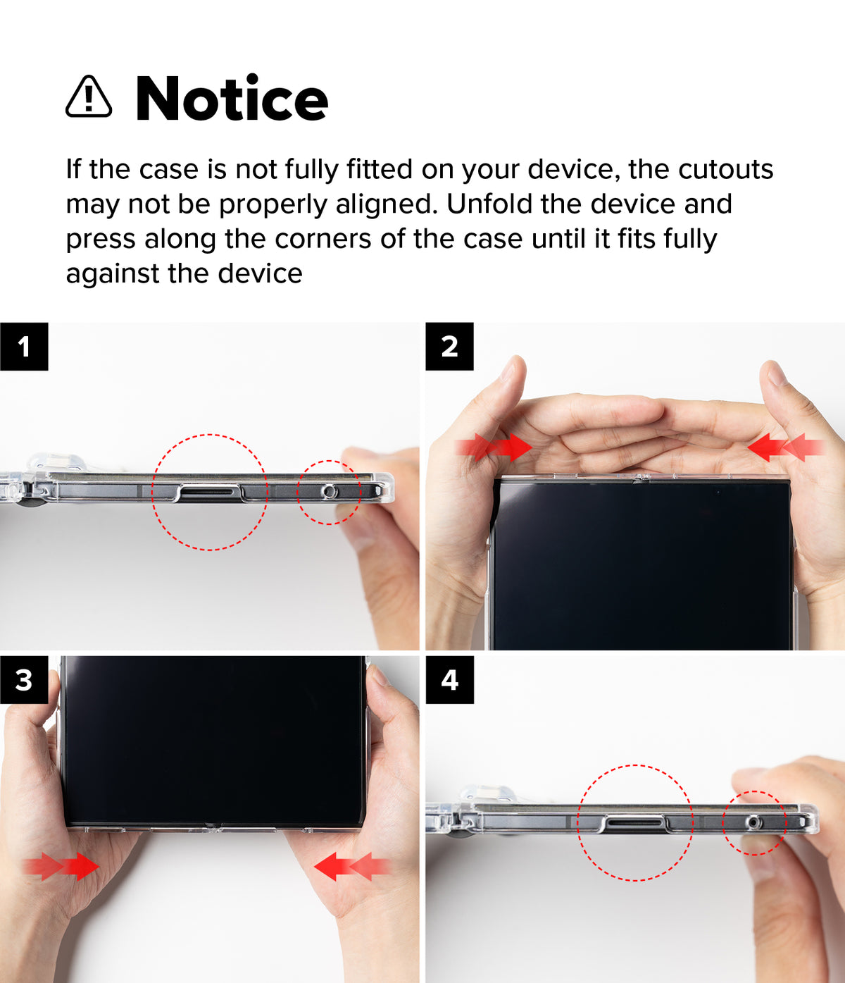 Galaxy Z Fold 8 Ultra Case | Slim Magnetic - Instruction diagram showing four steps for fitting a phone case onto a smartphone, with hands demonstrating the process and red arrows and dotted circles highlighting alignment and pressing areas.