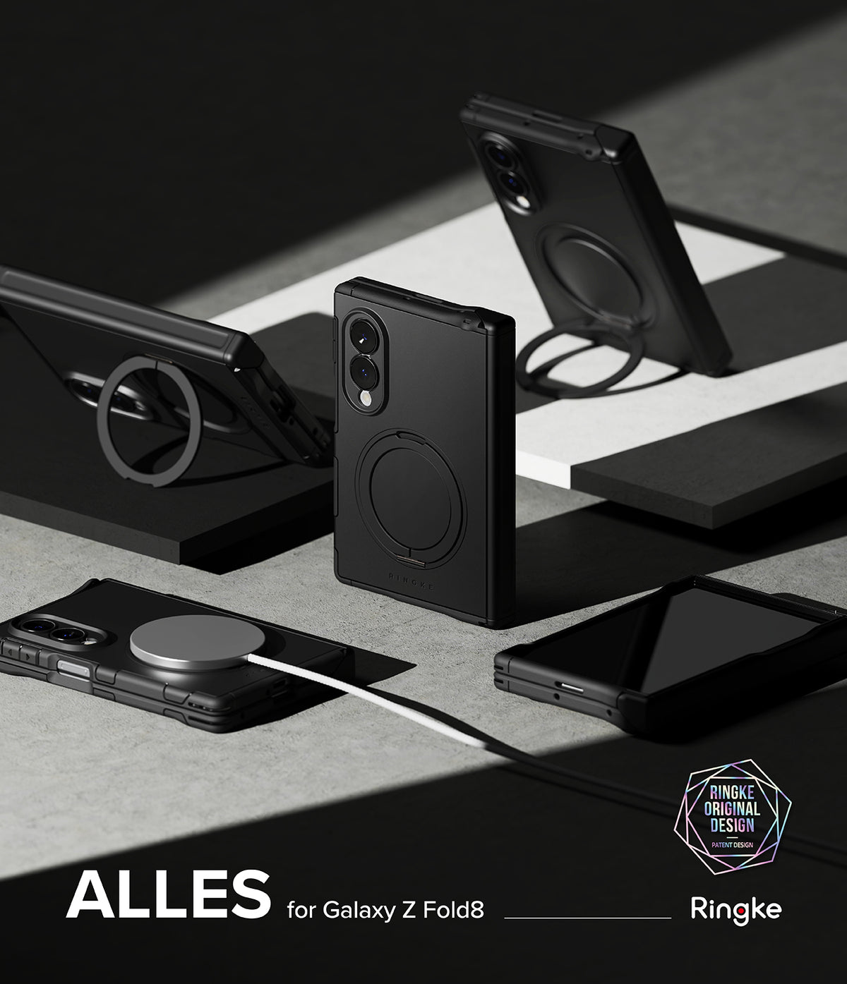 Galaxy Z Fold 8 Case | Alles - Black Ringke ALLES MagSafe case for Samsung Galaxy Z Fold8 shown in multiple angles on a dark gray and black studio background, featuring a circular ring stand and MagSafe compatibility.