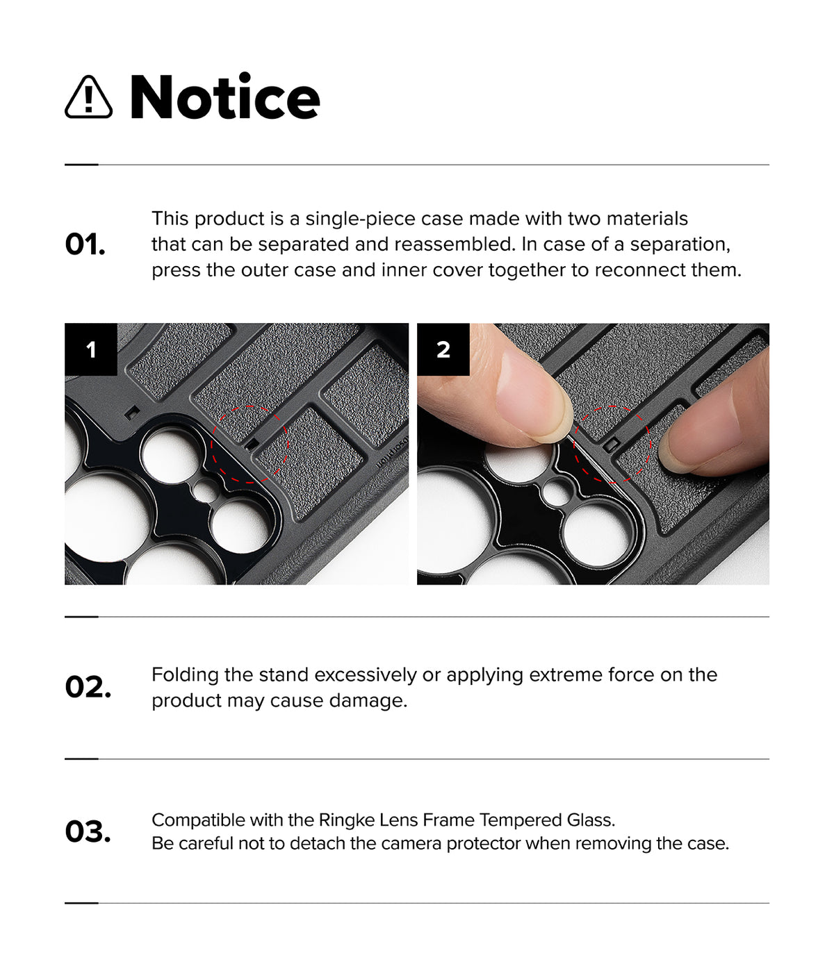 Galaxy Z Fold 8 Case | Alles - Instruction notice sheet showing a close-up of a black protective phone case with two inset photos demonstrating how to reconnect separated pieces and warning against excessive force. Text also notes compatibility with Ringke Lens Frame Tempered Glass.