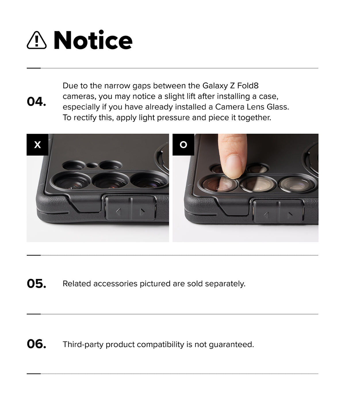 Galaxy Z Fold 8 Case | Alles - A white instruction sheet with the heading 'Notice' and six text points, including a warning about installing a case on a Galaxy Z Fold8 and two small photos showing camera lens alignment and a finger pressing the area.