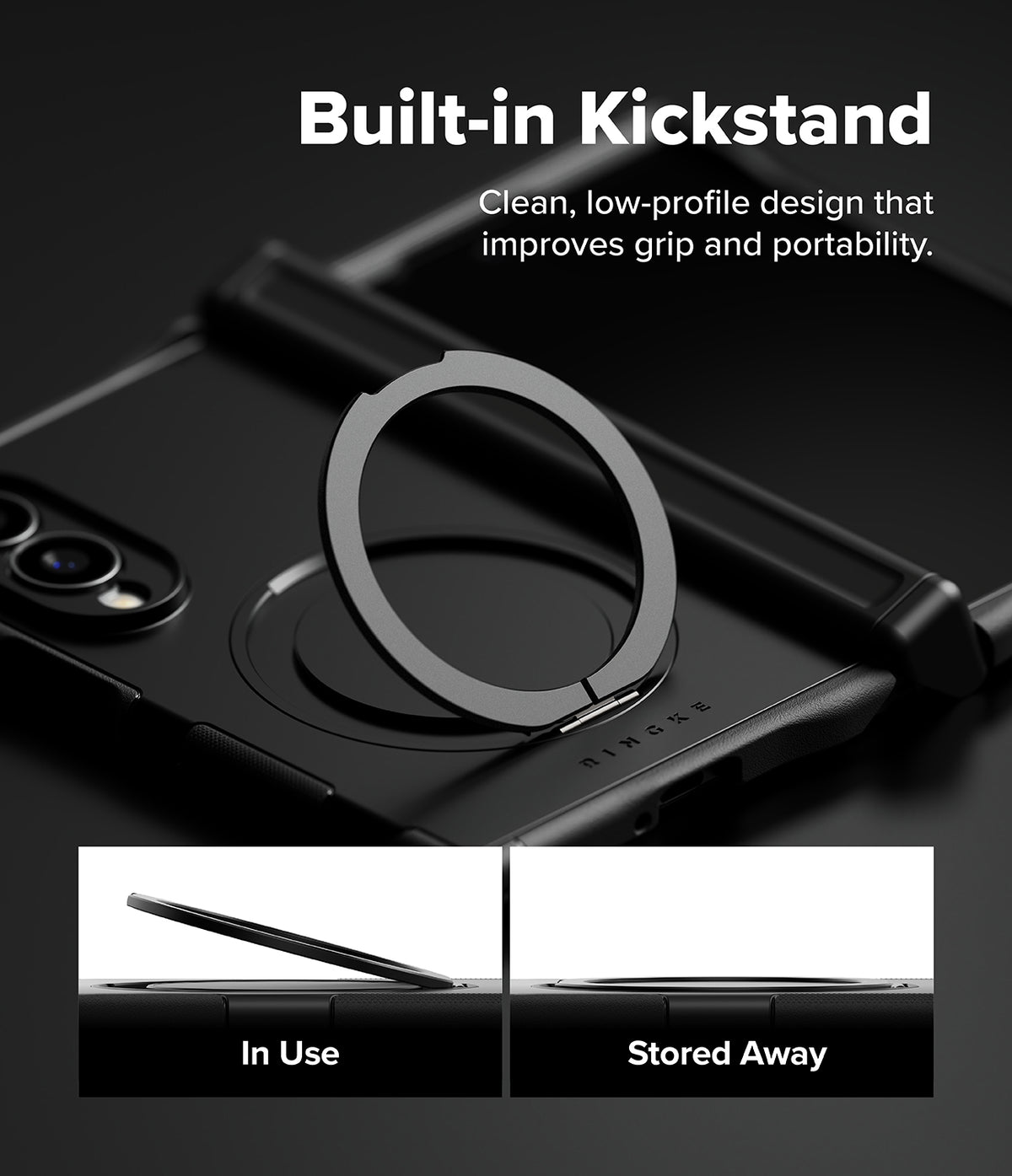 Galaxy Z Fold 8 Case | Alles - Black phone case with a built-in kickstand ring, shown with marketing text and two small inset images demonstrating the kickstand in use and stored away.