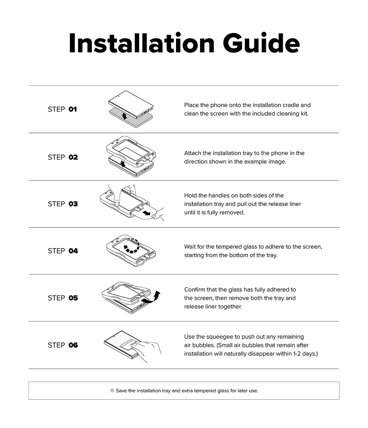 Galaxy Z Fold 8 Screen Protector | Cover Display Easy Slide Tempered Glass (2 Pack) - An installation guide sheet with six numbered steps showing how to attach a smartphone case to a phone and remove the release liner, with small diagrams and instructions on a white background.