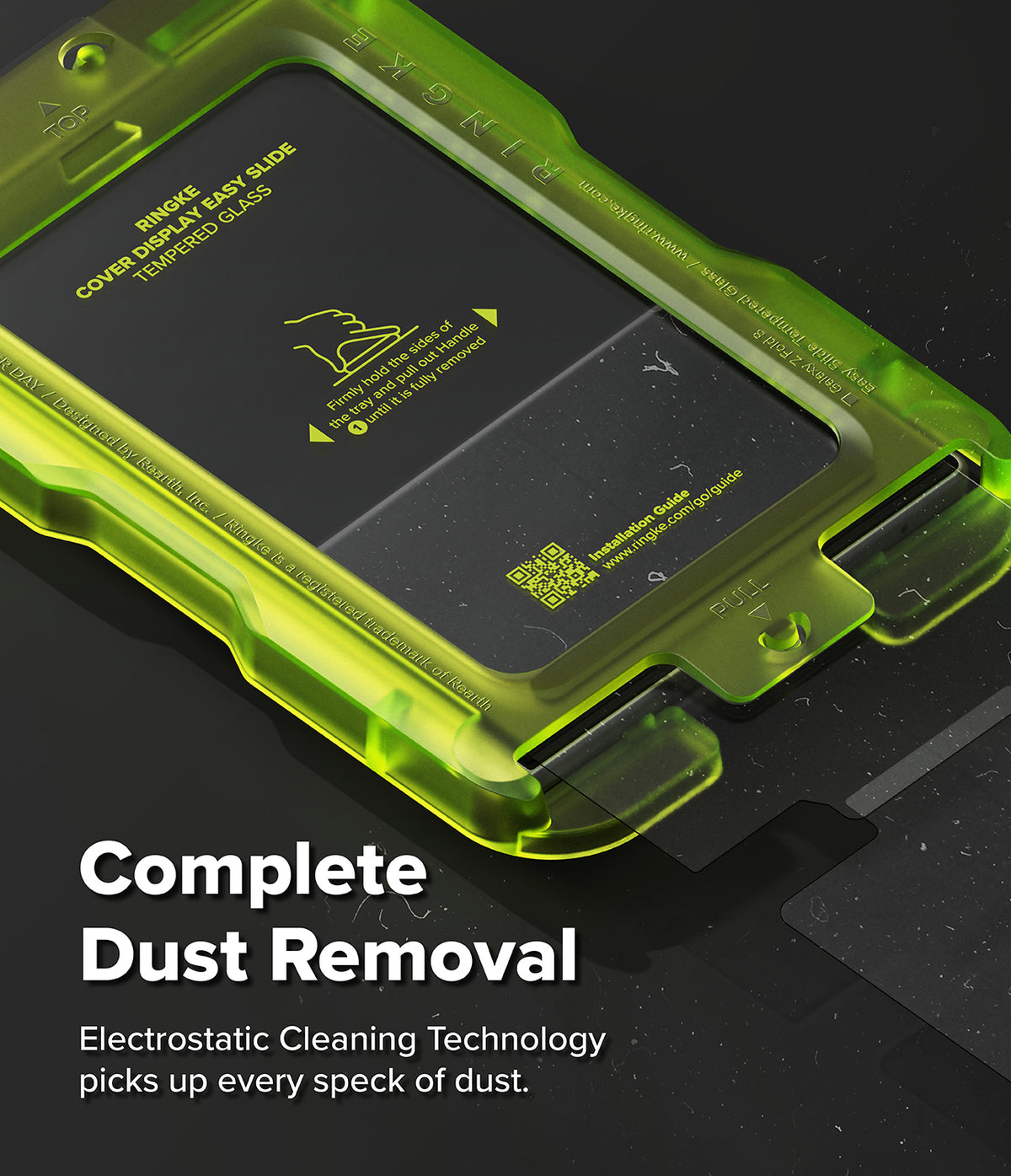 Galaxy Z Fold 8 | Fusion Air Flap Magnetic + Screen & Camera - A close-up of a transparent lime green protective case with a black insert, shown on a dark surface. Large white text reads 'Complete Dust Removal' with smaller explanatory text below about electrostatic cleaning technology.