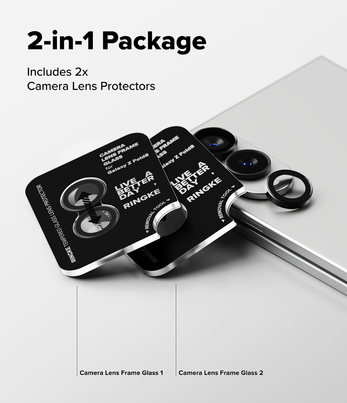 Galaxy Z Fold 8 Camera Protector | Camera Lens Frame Glass (2 Pack) - Two black lens protector sets next to a smartphone with installed lenses.