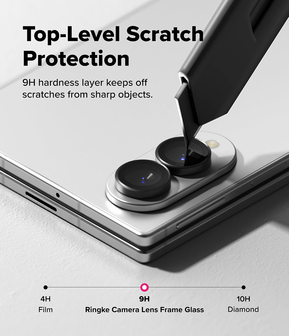 Galaxy Z Fold 8 | Fusion Air Flap Magnetic + Camera - A close-up promotional graphic showing a smartphone camera lens area with text reading 'Top-Level Scratch Protection' and '9H hardness layer keeps off scratches from sharp objects.' A stylus is touching the camera module to demonstrate protection.